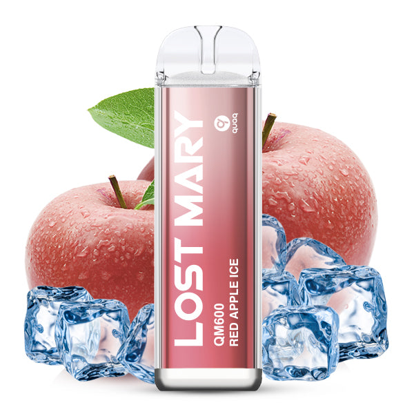 E-Zigarettengerät „Lost Mary QM600 Red Apple Ice“ mit roten Äpfeln und Eiswürfeln. Rosa Etikett, transparente Kappe.
