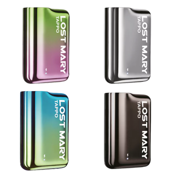 Vier TAPPO-Basisgeräte-Dampfgeräte in Grün/Pink, Silber, Blau/Grün und Schwarz mit elegantem, geschwungenem Design.