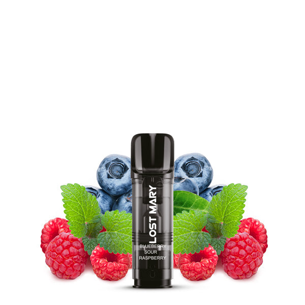 Schickes schwarzes Lost Mary-Vape-Gerät mit 2x Blueberry Sour Raspberry TAPPO Pod, umgeben von frischen Blaubeeren, Himbeeren und Minzblättern.