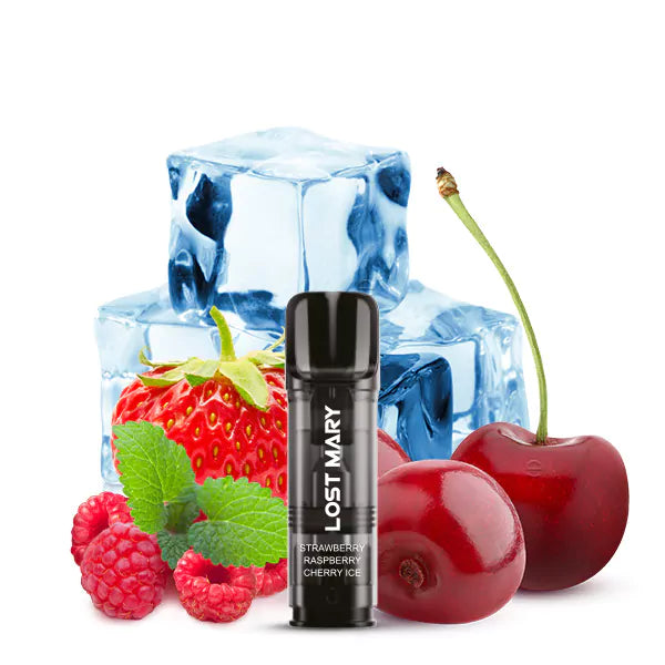 Vape-Gerät 2x Strawberry-Raspberry-Cherry-Ice TAPPO Pod mit Erdebeeren, Himbeeren, Kirschen und Eiswürfeln für einen kühlen, fruchtigen Geschmack.