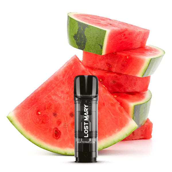 Vape-Gerät „2x Watermelon TAPPO Pod“ mit frischen Wassermelonenscheiben und hellem Hintergrund, der lebendige Farben hervorhebt.