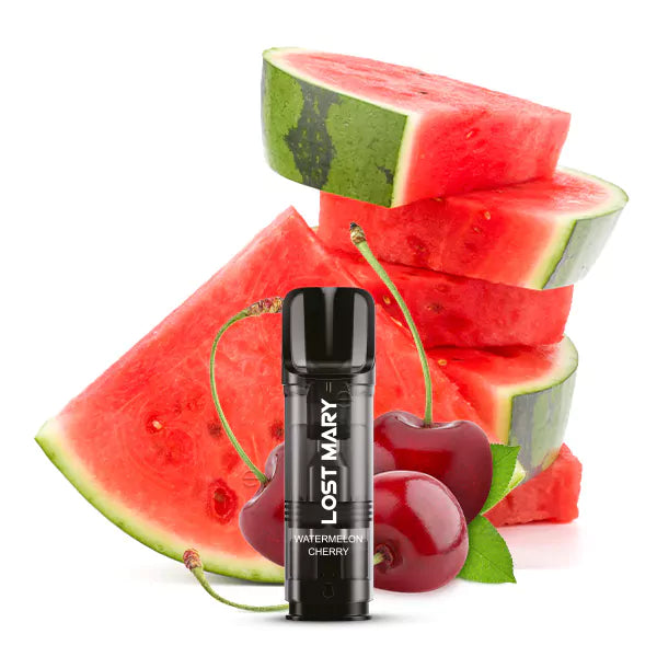 Schwarzer zylindrischer Vape-Pen mit der Aufschrift „2x Watermelon Cherry TAPPO Pod“ mit geschnittener Wassermelone und frischen Kirschen.