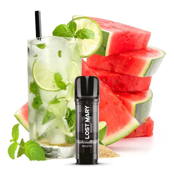 Gekühlter Wassermelonen-Mojito TAPPO Pod mit Limette, Minze, Eis neben Lost Mary Vape Pen, Wassermelonenscheiben und frischen Minzblättern.