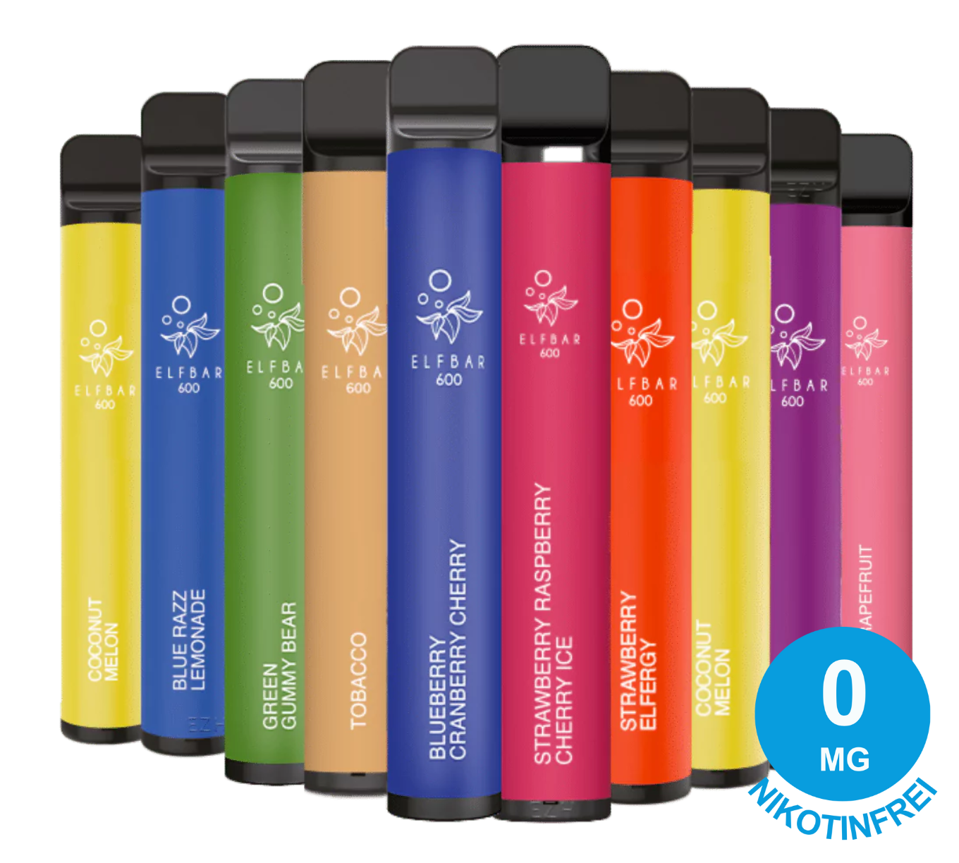 Eine Reihe von 10 Elf Bar 600 Vape Pens in verschiedenen Geschmacksrichtungen, beschriftet und nebeneinander angeordnet mit einem „0 MG“-Nikotinzeichen.