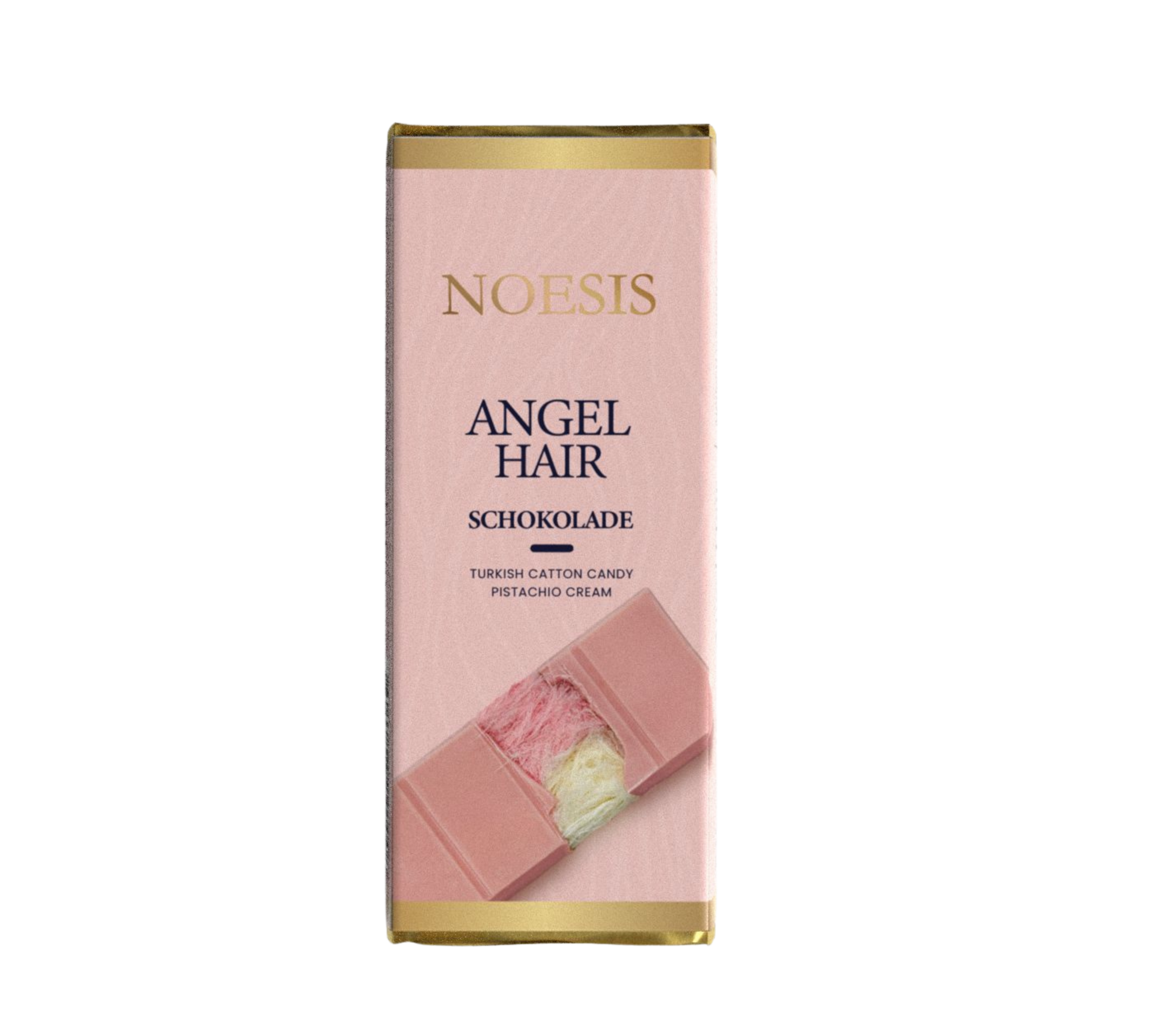 Noesis Angel Hair Schokolade – Edle Schokoladentafel mit türkischer Zuckerwatte (Pişmaniye) und Pistaziencreme. Luxuriöse rosa Verpackung mit goldenen Akzenten, feine Schokolade mit einzigartiger Füllung