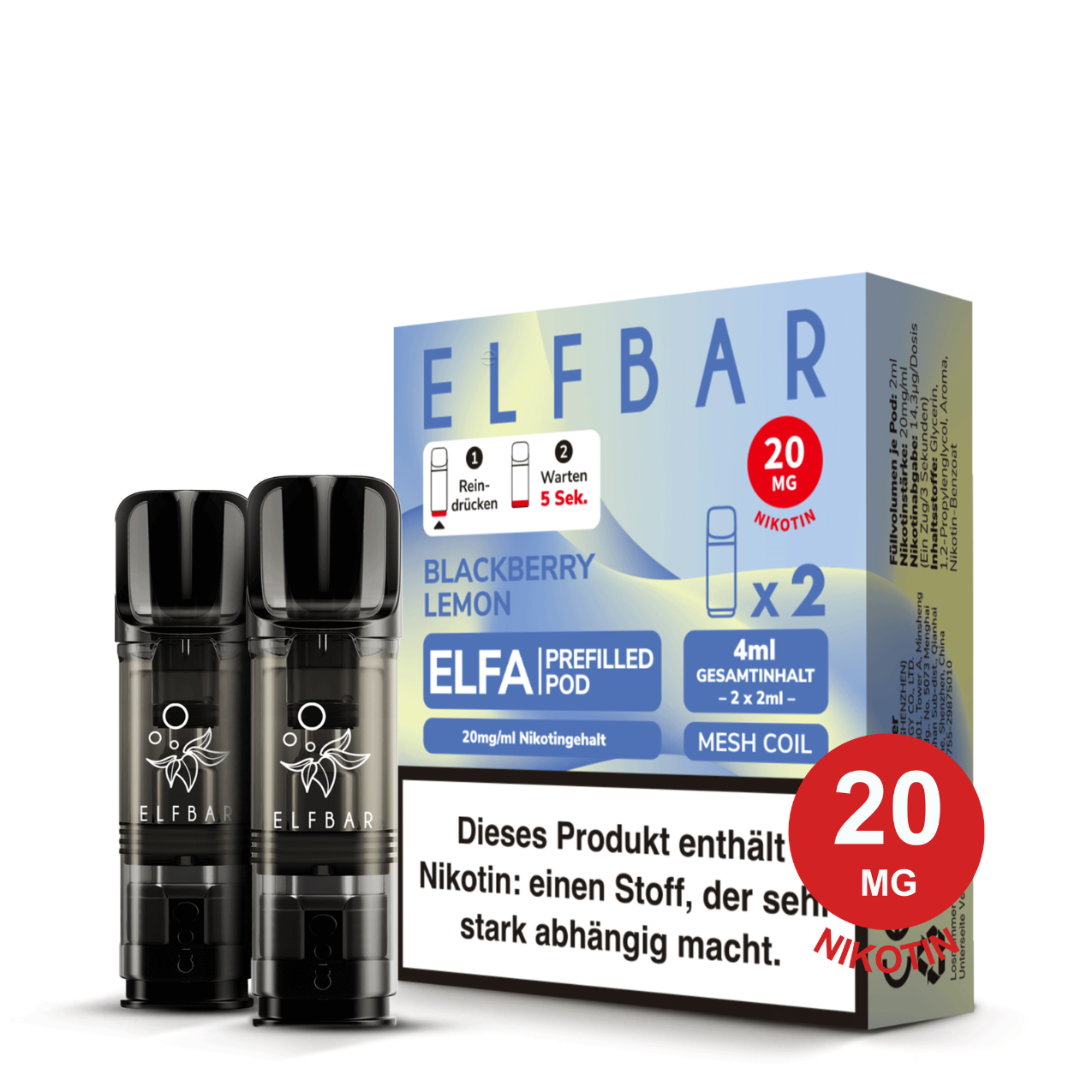 ELFBAR ELFA Pod – Blackberry Lemon 20mg Nikotin (2er Pack)