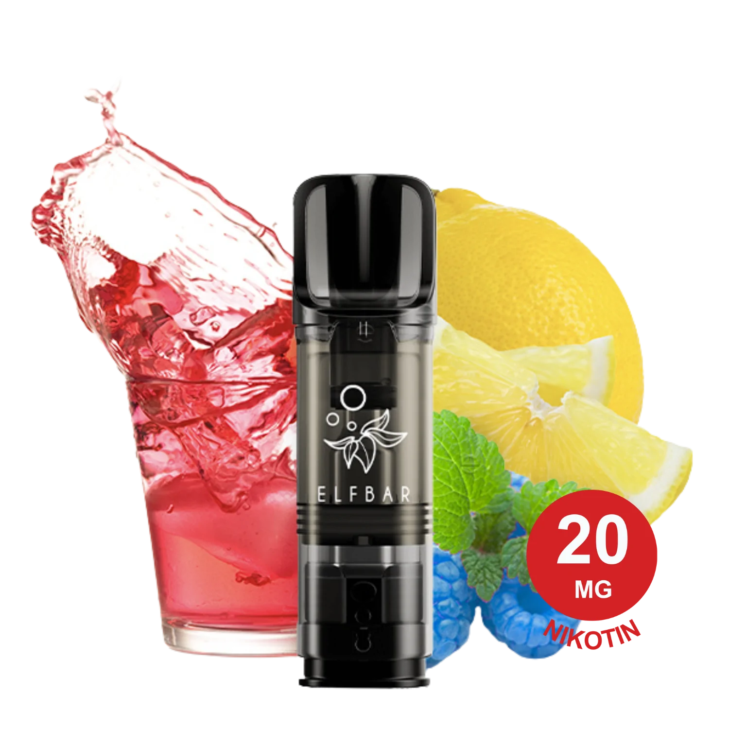 Blue Razz Lemonade ELFA Pods mit einem Glas roter Flüssigkeit, Eisspritzern, Zitrone, grünen Blättern und blauen Himbeeren im Hintergrund.