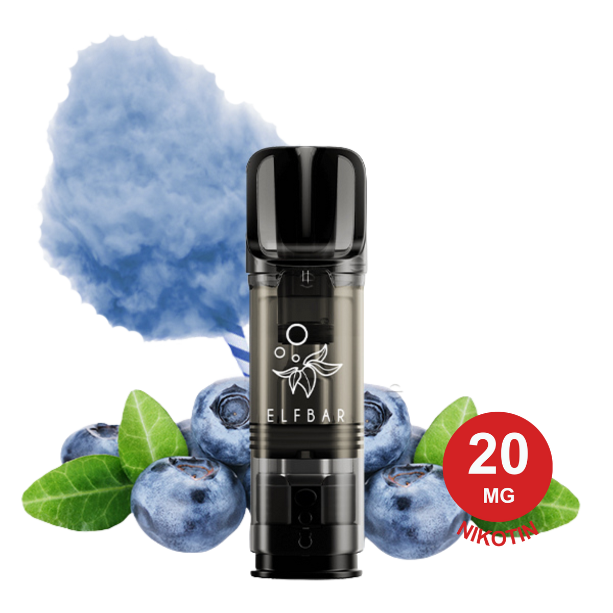 Elfbar Pod mit frischen Blaubeeren und blauer Zuckerwatte auf weißem Hintergrund, 2x Blueberry Cotton Candy ELFA Pod