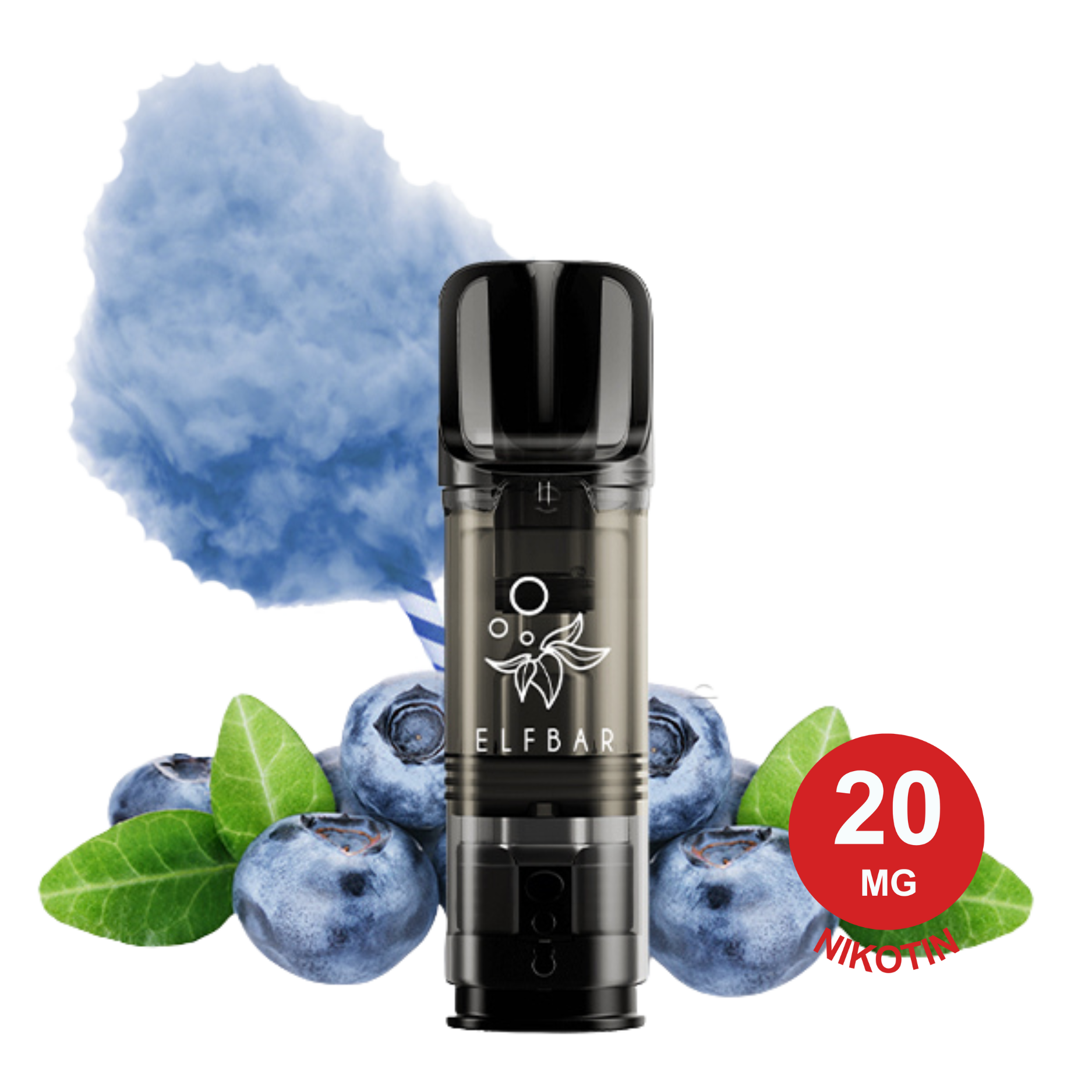 Elfbar Pod mit frischen Blaubeeren und blauer Zuckerwatte auf weißem Hintergrund, 2x Blueberry Cotton Candy ELFA Pod