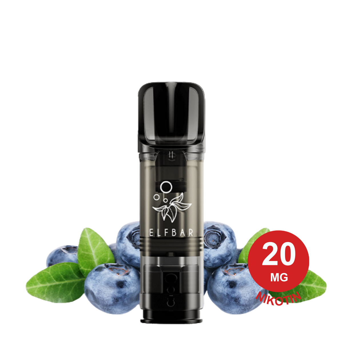 Blueberry ELFA Pod, umgeben von frischen Blaubeeren und grünen Blättern.