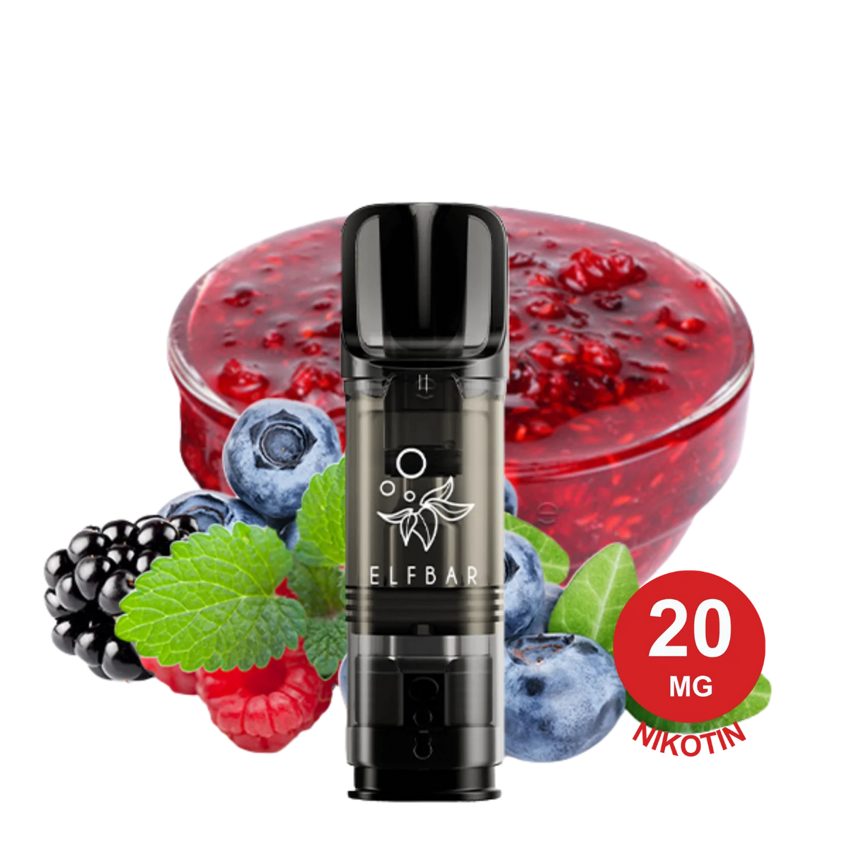 Blueberry Snoow ELFA Pod Vape neben Beerenmarmelade in einer Glasschale mit frischen Blaubeeren, Himbeeren, Brombeeren und Minzblättern.