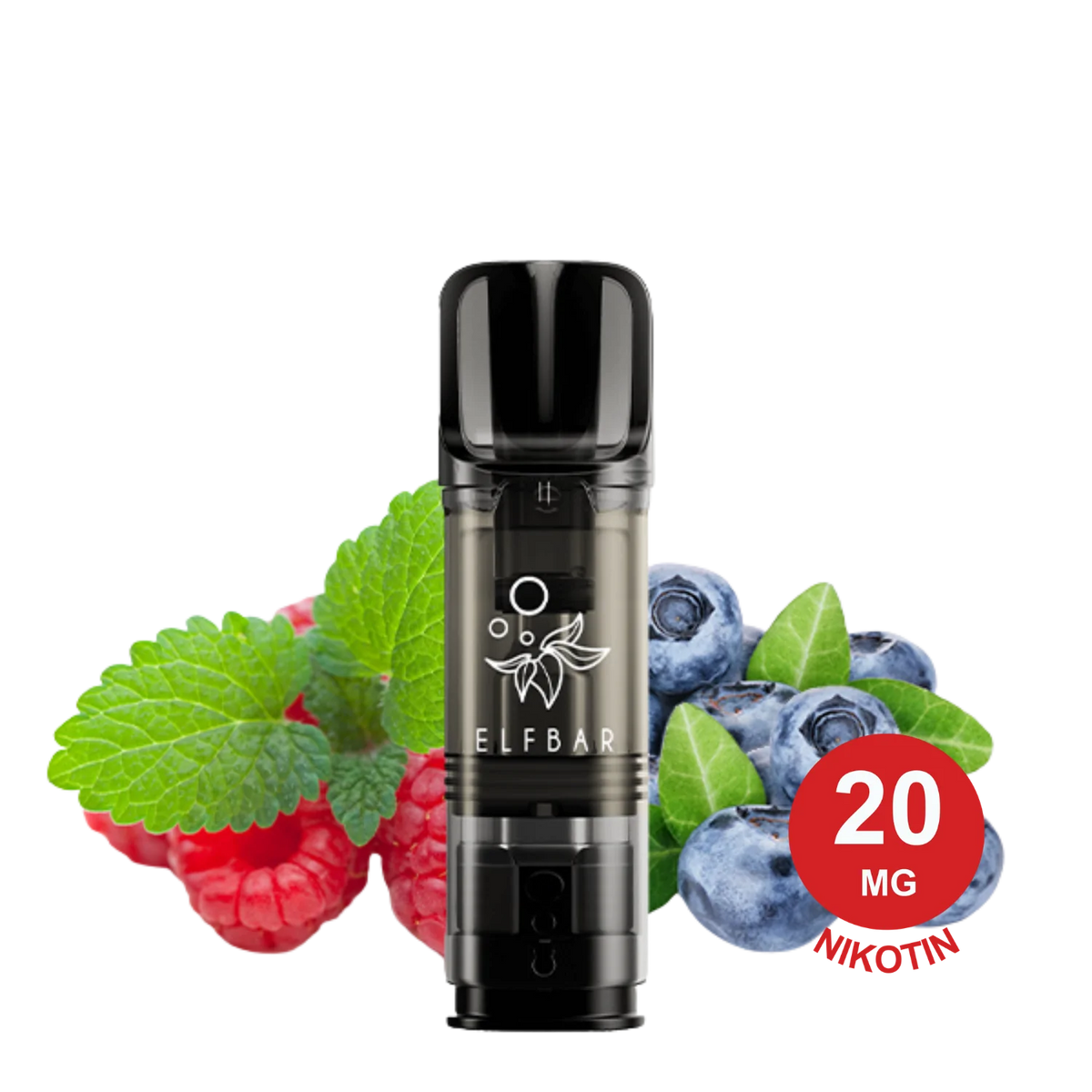 ELFA Pod 2x Blueberry Sour Raspberry mit frischen Himbeeren, Heidelbeeren und Minze auf weißem Hintergrund