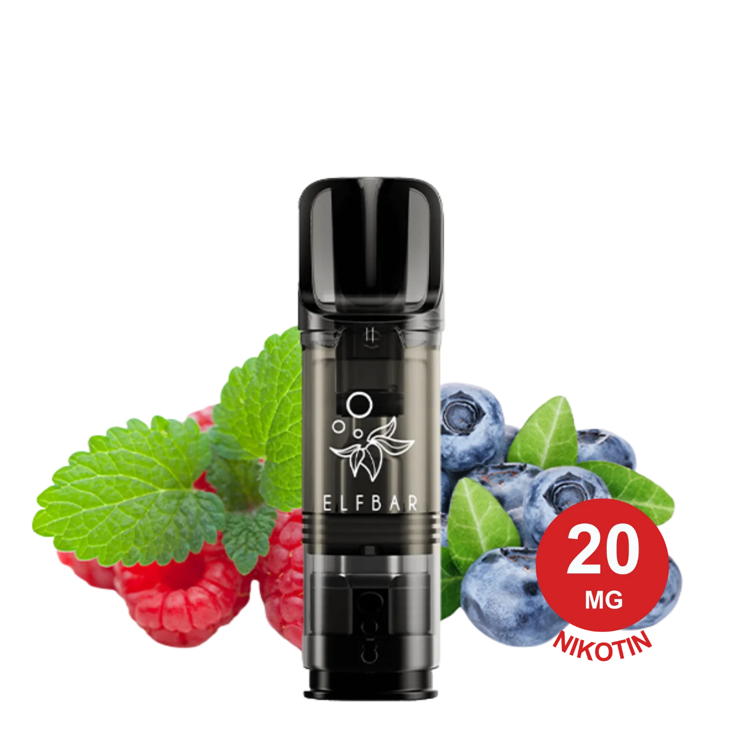 ELFA Pod 2x Blueberry Sour Raspberry mit frischen Himbeeren, Heidelbeeren und Minze auf weißem Hintergrund