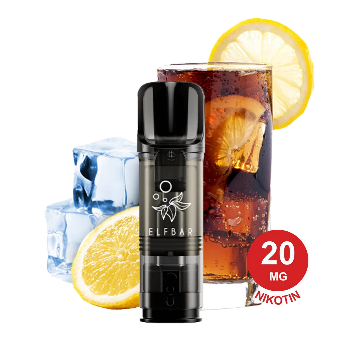 Schwarzer 2x Cola ELFA Pod-Sodamaker mit Eistee, Zitronengarnitur, Eiswürfeln und Zitronenscheiben im Hintergrund.