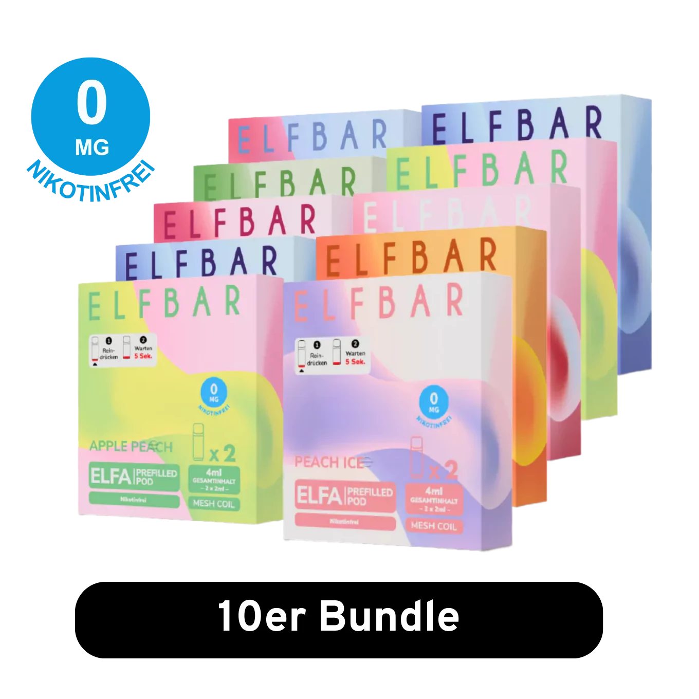 10er Elfbar Pods nikotinfrei Bundle mit frei wählbaren 0mg Nikotin Sorten und 2 ELFA Pods je Packung.
