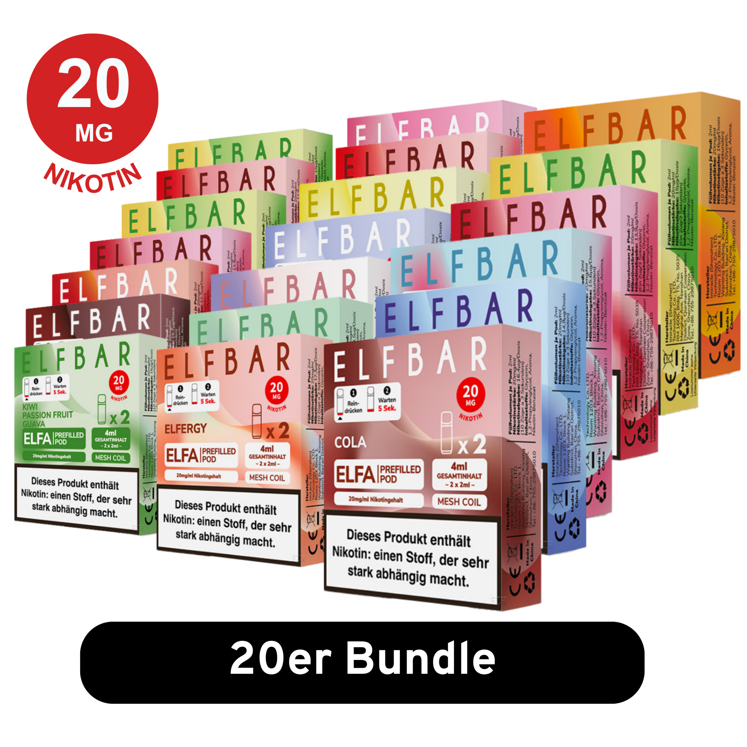 ELFBAR ELFA Pods - 20er Mix-Bundle – vorgefüllte Elfbar Pods mit 20 mg/ml Nikotinsalz in verschiedenen Geschmacksrichtungen wie Cola, Kiwi Passion Fruit Guava und Elfergy. Kompatibel mit ELFA Akkuträgern, ausgestattet mit Mesh Coil-Technologie für intensiven Geschmack und sanften Dampf.
