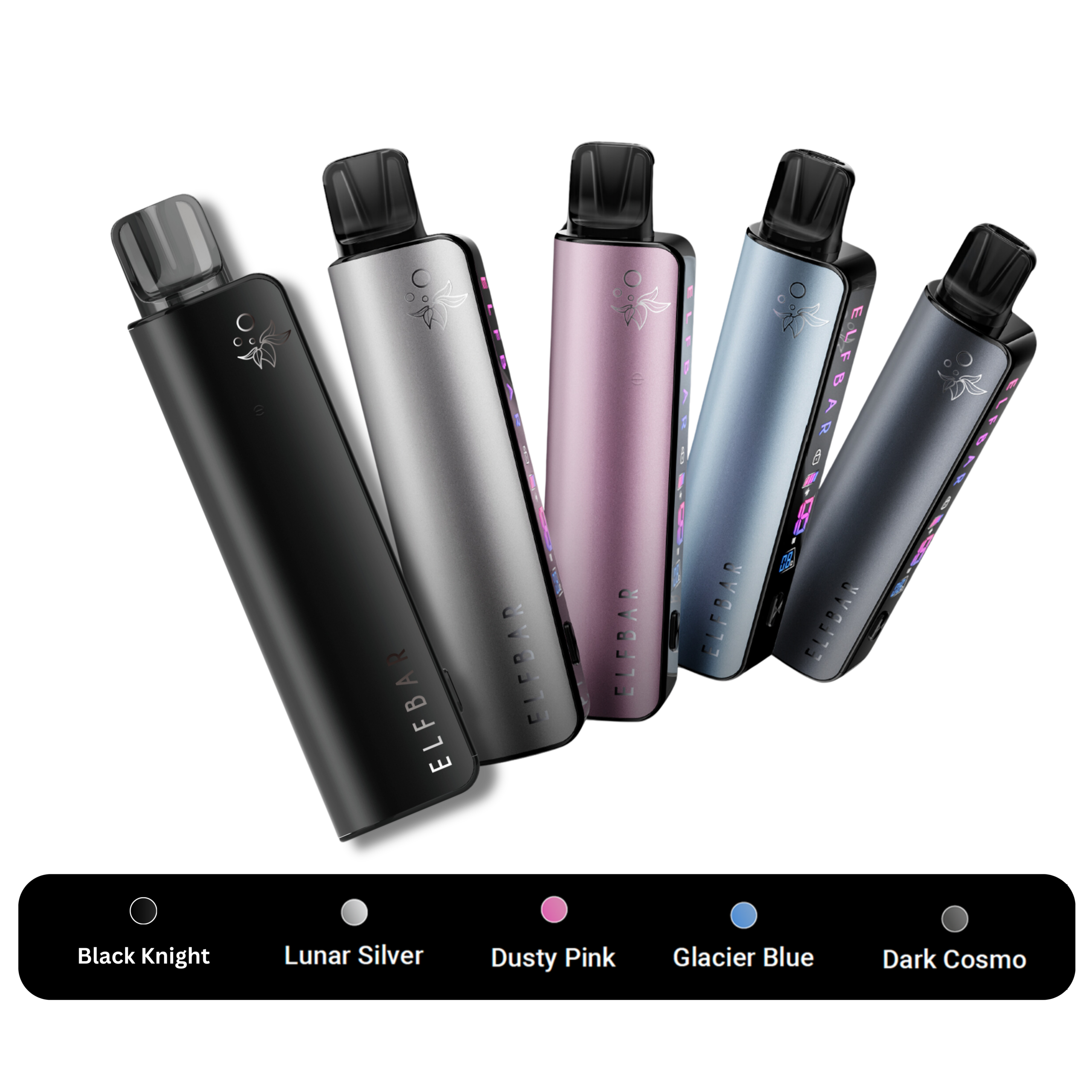 ELFBAR ELFA Master – Basisgerät (Akkuträger) mit 850 mAh Akku – Übersicht aller Farben des neuen Elfbar Akkuträgers mit 850 mAh, kompatibel mit allen ELFA Pods. Stylisches Vape-Design in Black, Silver, Gunmetal, Pink und Blue mit einstellbarer Leistung von 9–18 Watt.