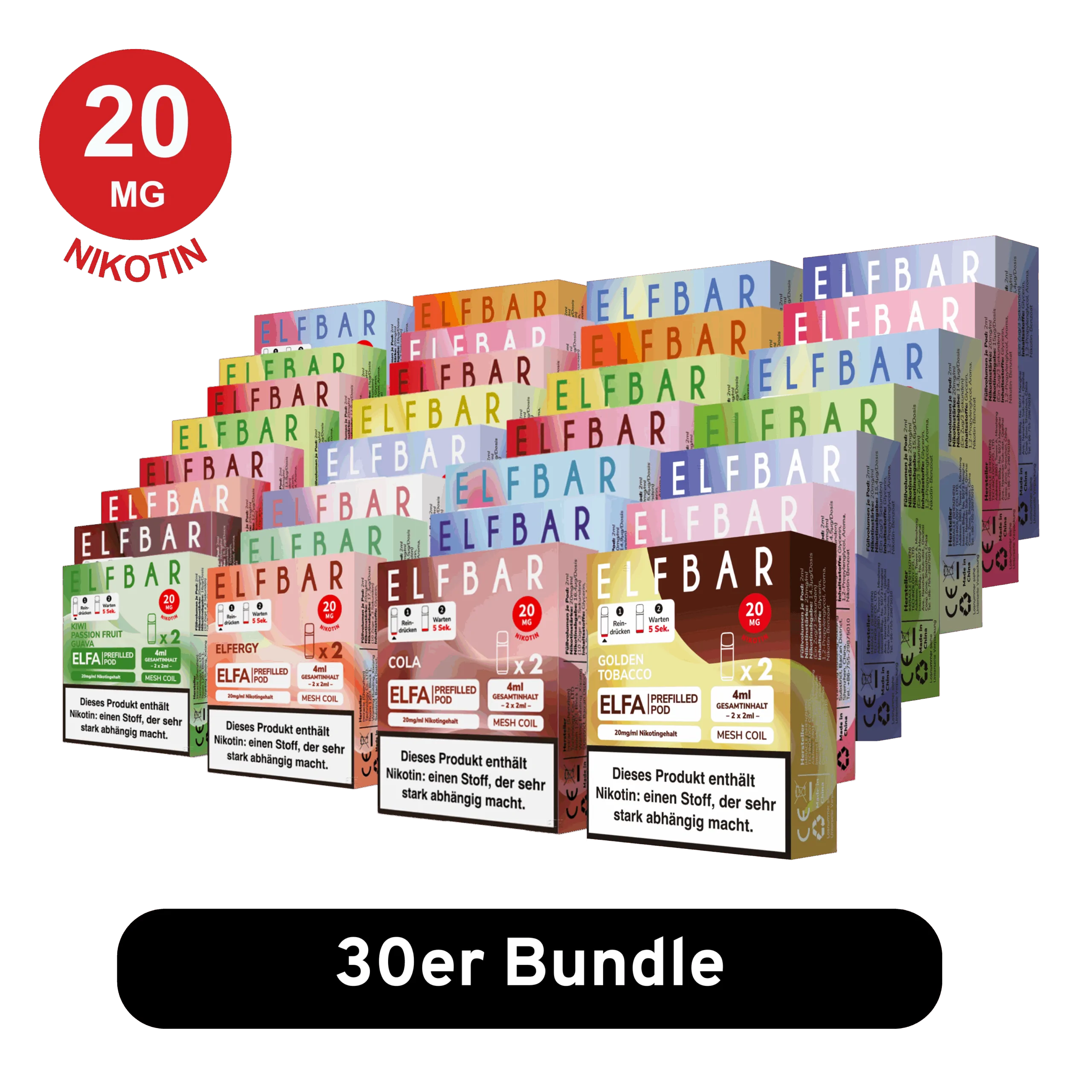 ELFBAR ELFA Pods - 30er Mix-Bundle – vorgefüllte Elfbar Pods mit 20 mg/ml Nikotinsalz in verschiedenen Geschmacksrichtungen wie Watermelon, Kiwi Passion Fruit Guava, Cherry und Blueberry. Kompatibel mit ELFA Akkuträgern, ausgestattet mit Mesh Coil-Technologie für intensiven Geschmack und sanften Dampf.