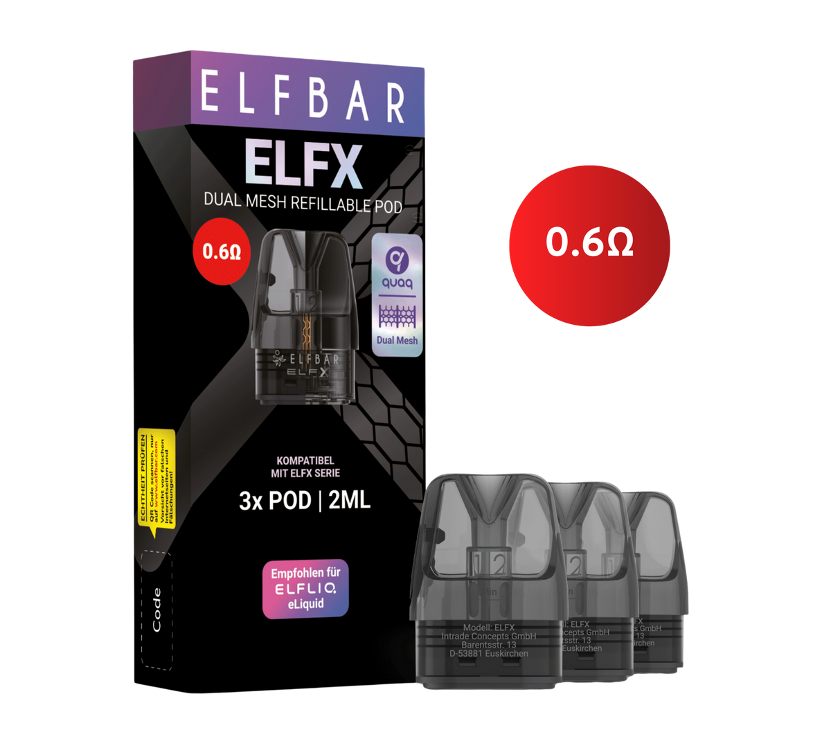 Bild des ELFX-Nachfüllsets – Schwarz. Auf der Verpackung sind ein Widerstand von 0,6 Ω und Dual-Mesh-Technologie angegeben, die mit der ELF X-Serie kompatibel sind. Die Schachtel enthält 3 nachfüllbare Pods mit jeweils 2 ml Fassungsvermögen. Neben der Schachtel sind drei nachfüllbare Pods abgebildet.