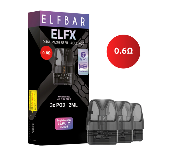 Bild des ELFX-Nachfüllsets – Schwarz. Auf der Verpackung sind ein Widerstand von 0,6 Ω und Dual-Mesh-Technologie angegeben, die mit der ELF X-Serie kompatibel sind. Die Schachtel enthält 3 nachfüllbare Pods mit jeweils 2 ml Fassungsvermögen. Neben der Schachtel sind drei nachfüllbare Pods abgebildet.