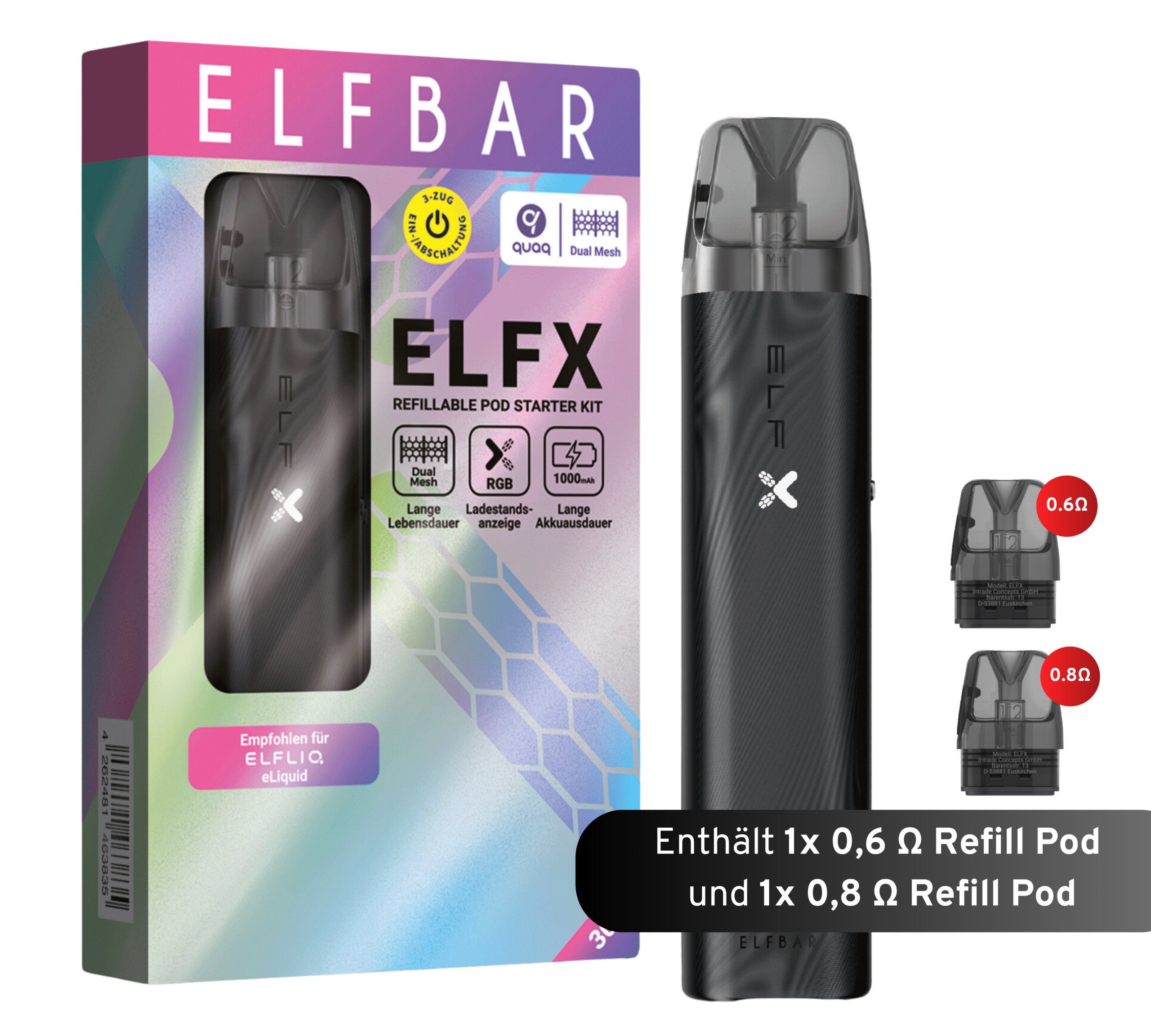 ELFBAR ELFX Refillable Kit - Black (inkl. 0.6 & 0.8 Ohm Pod) – Kompaktes Basisgerät mit 850 mAh Akku, 5–18 Watt Leistung und Dual Mesh Coil. Wiederbefüllbares Pod-System im schlanken Design, kompatibel mit ELFX Refill Pods.