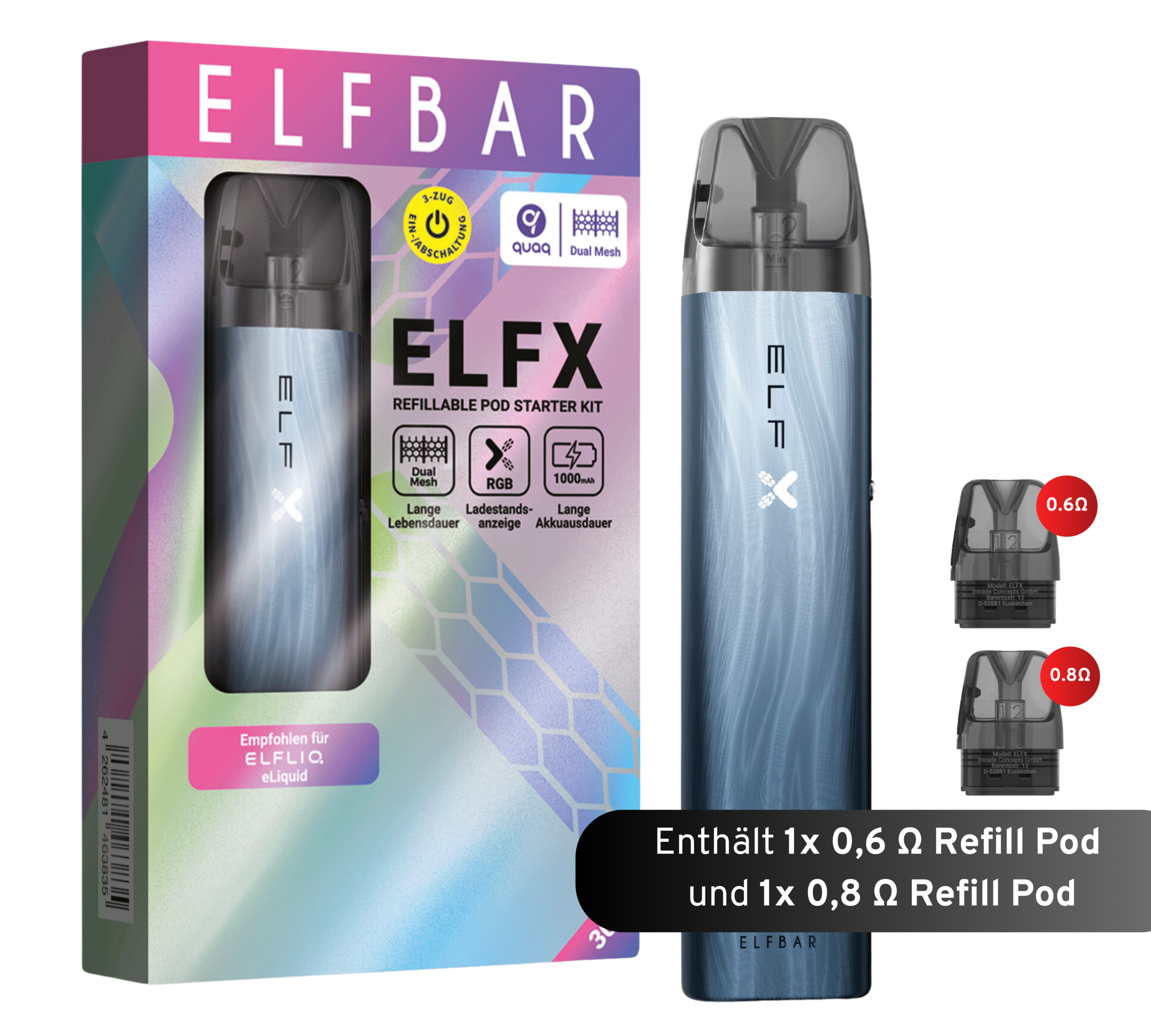 Nachfüllset von ELFX – Dark Sea, mit elegantem Verdampfergerät mit zwei Nachfüllkapseln (0,6 Ω und 0,8 Ω) auf weißem Hintergrund.