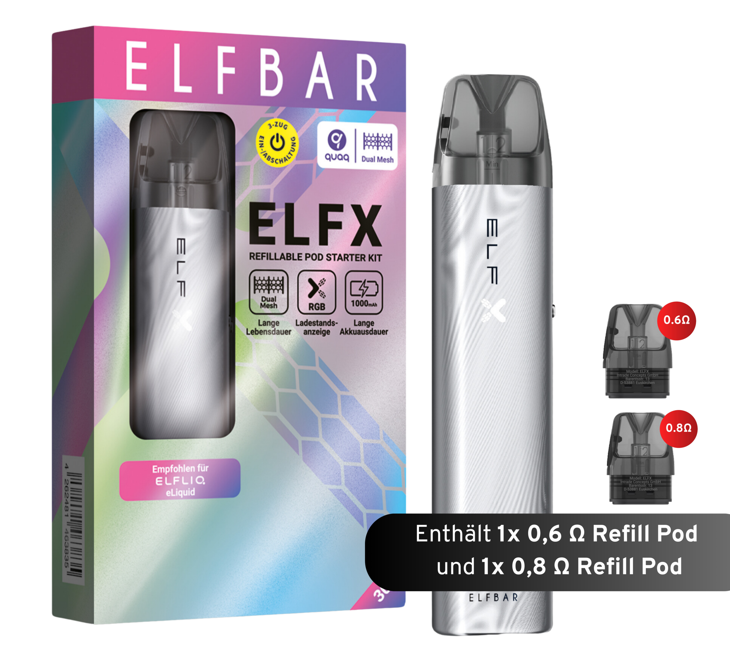Nachfüllset von ELFX – Silber, mit elegantem Verdampfergerät mit zwei Nachfüllkapseln (0,6 Ω und 0,8 Ω) auf weißem Hintergrund.
