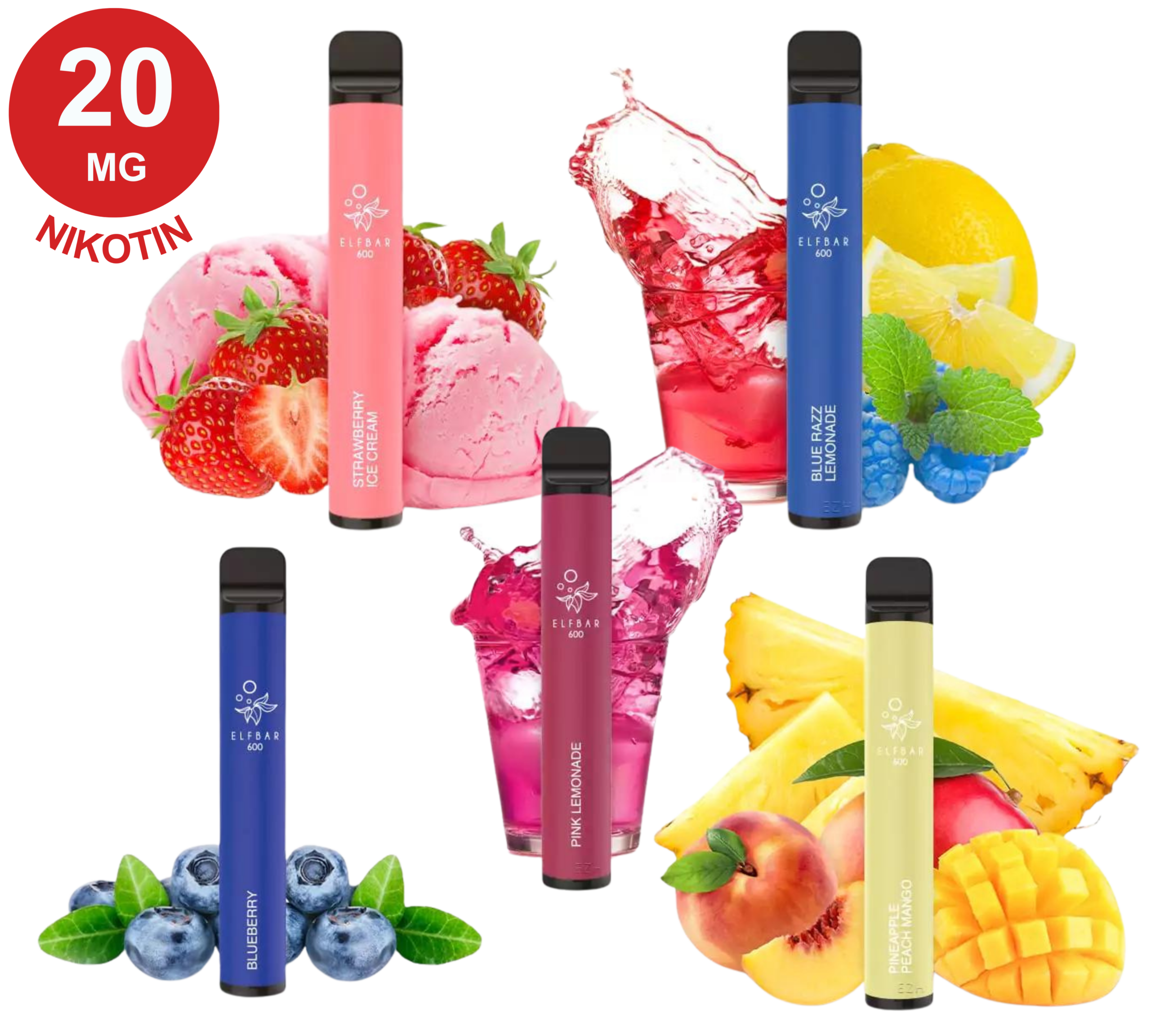 5er Probierset (Süß) Vape Pens mit 20 mg Nikotingehalt.