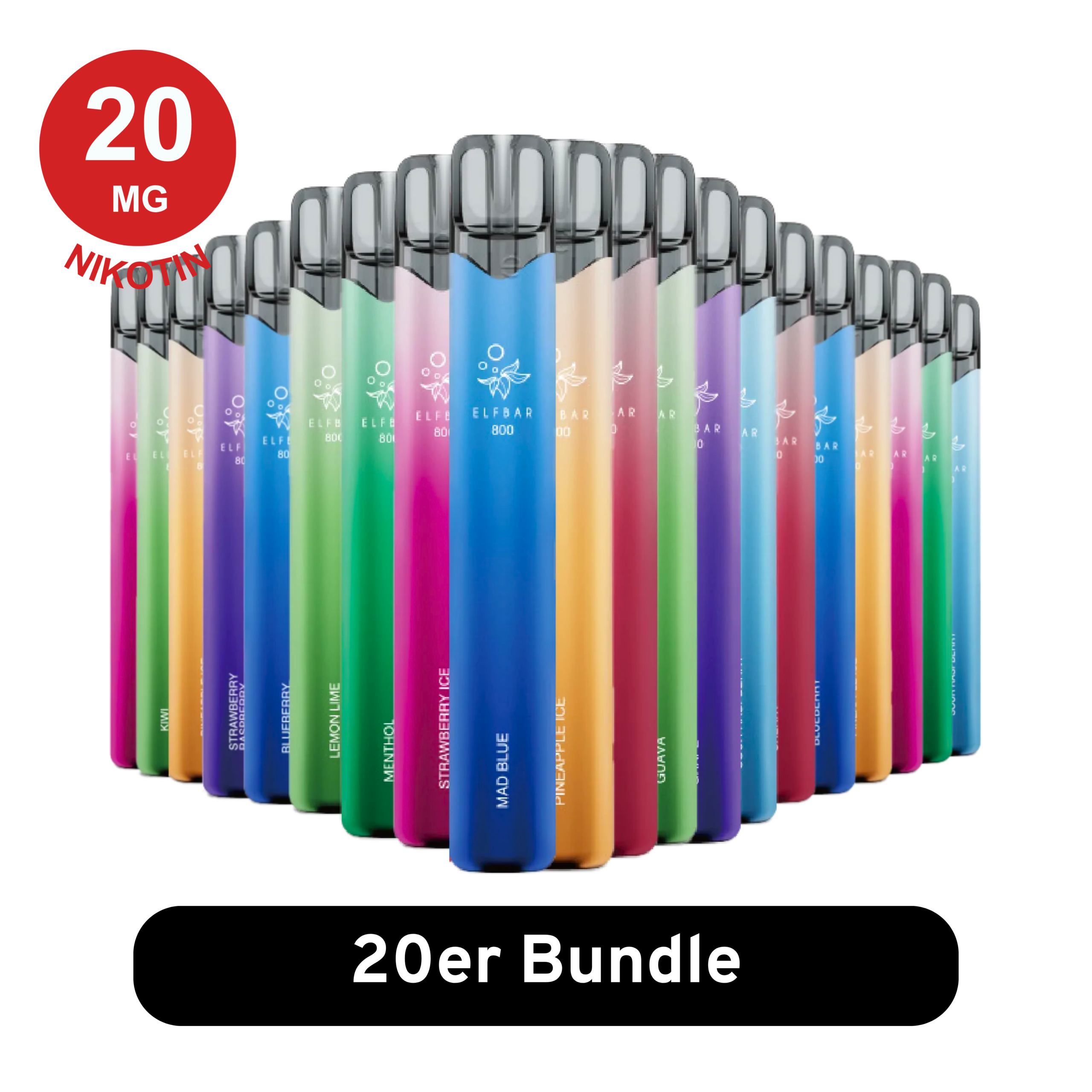 Elfbar 800 20er Mix-Bundle E Zigaretten Vapes in einer ordentlichen Reihe, mit verschiedenen Geschmacksrichtungen und farbenfroher Verpackung.