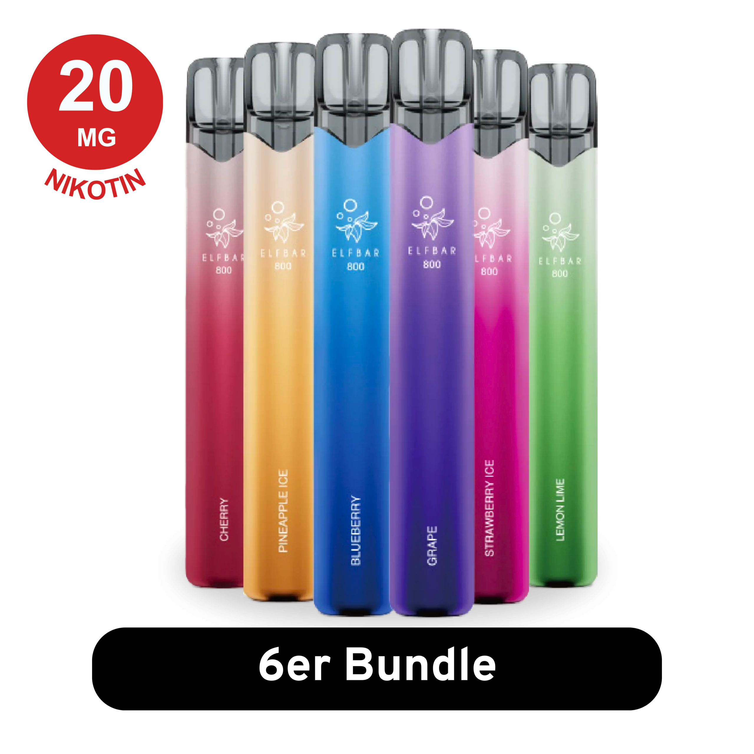 Elfbar 800 6er Mix-Bundle E Zigaretten Vapes in einer ordentlichen Reihe, mit verschiedenen Geschmacksrichtungen und farbenfroher Verpackung.
