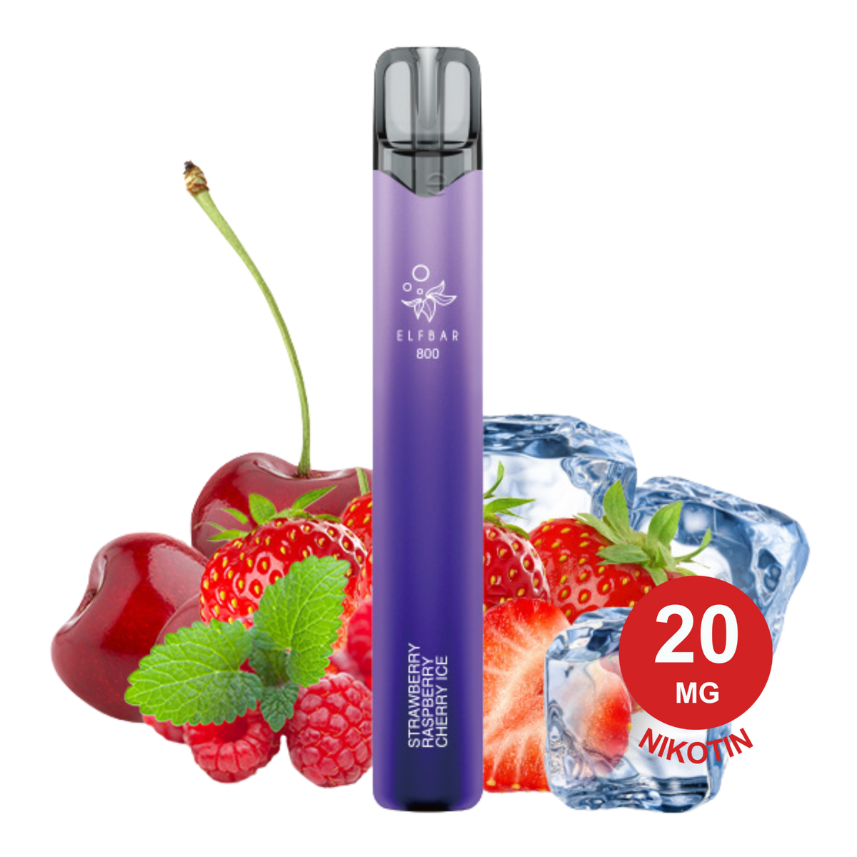 Elfbar 800 Vape Pen, lila, Erdbeer-Himbeer-Kirsch-Minze-Eis-Aromen, 20 mg Nikotin-Etikett.