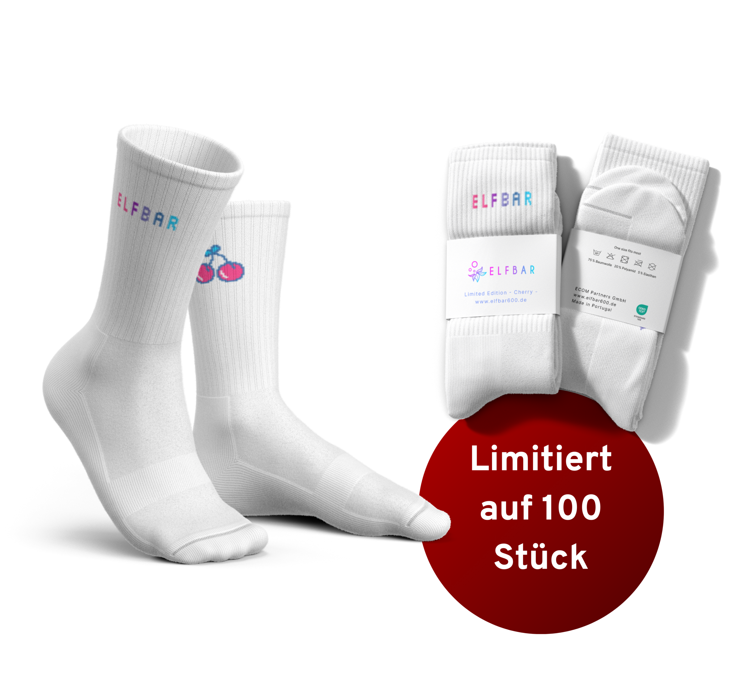 Elfbar Limited Edition Socken, Kirsche, Weiß mit bunten Motiven, Kreisetikett „Limitiert auf 100 Stück“.