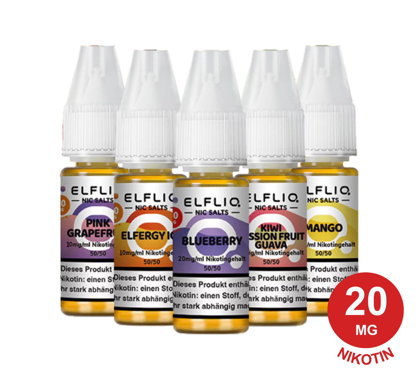 Elfliq Mix Bundle, 5 E-Liquid-Flaschen: Pink Grapefruit, Blaubeere, Passionsfrucht, Kiwi, Guave, Mango; 20 mg Nikotin.