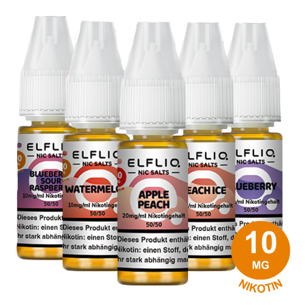 Elfliq Mix Bundle Vape-Liquids, 10 mg Nikotin, Geschmacksrichtungen: Blaubeere, saure Himbeere, Wassermelone, Apfel-Pfirsich, Pfirsich-Eis.