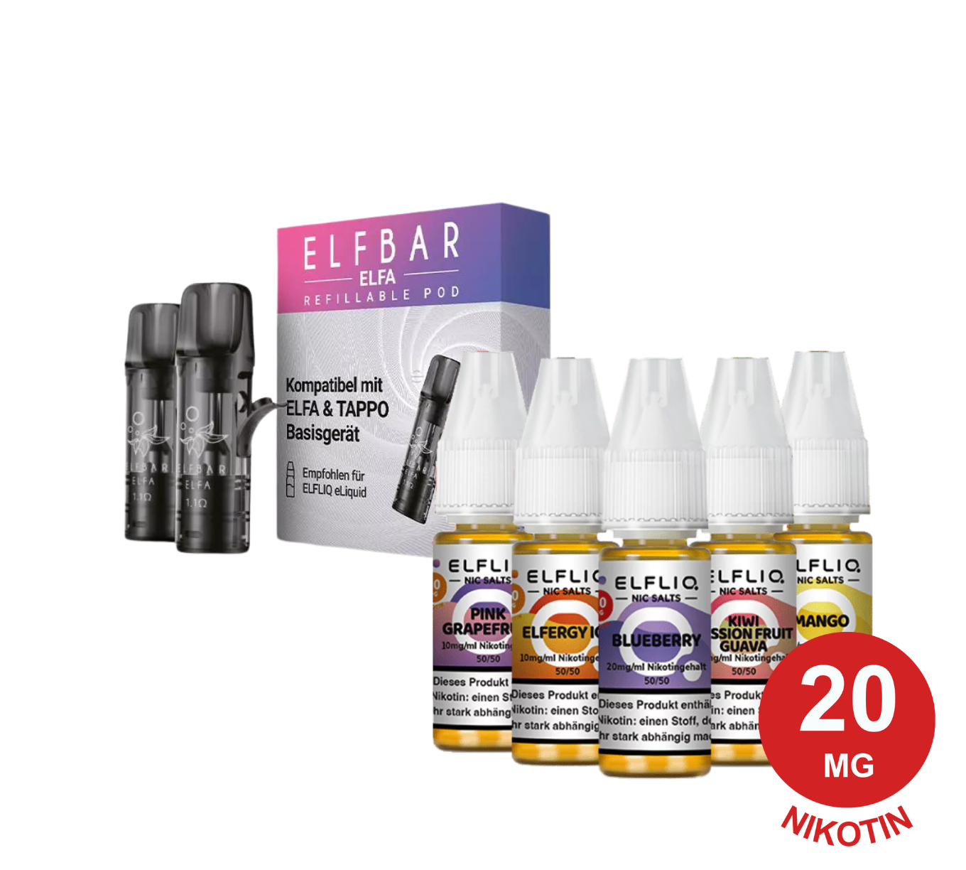 ELFA-Nachfüllpaket mit 5 aromatisierten Vape-Liquids, nachfüllbarer Kapsel, 20-mg-Nikotinetikett und zwei schwarzen Vape-Geräten.