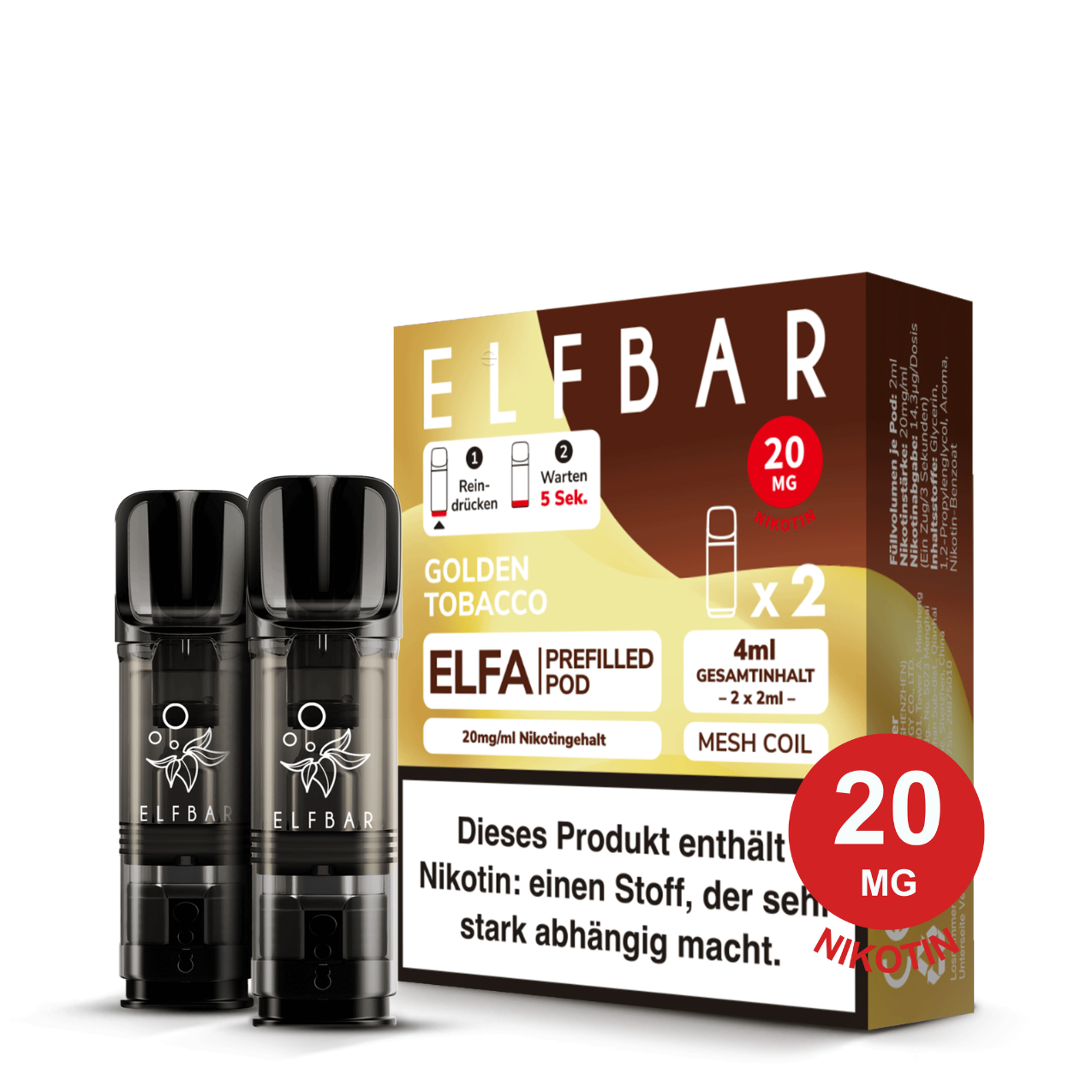 ELFBAR ELFA Pod – Golden Tobacco 20mg Nikotin (2er Pack)