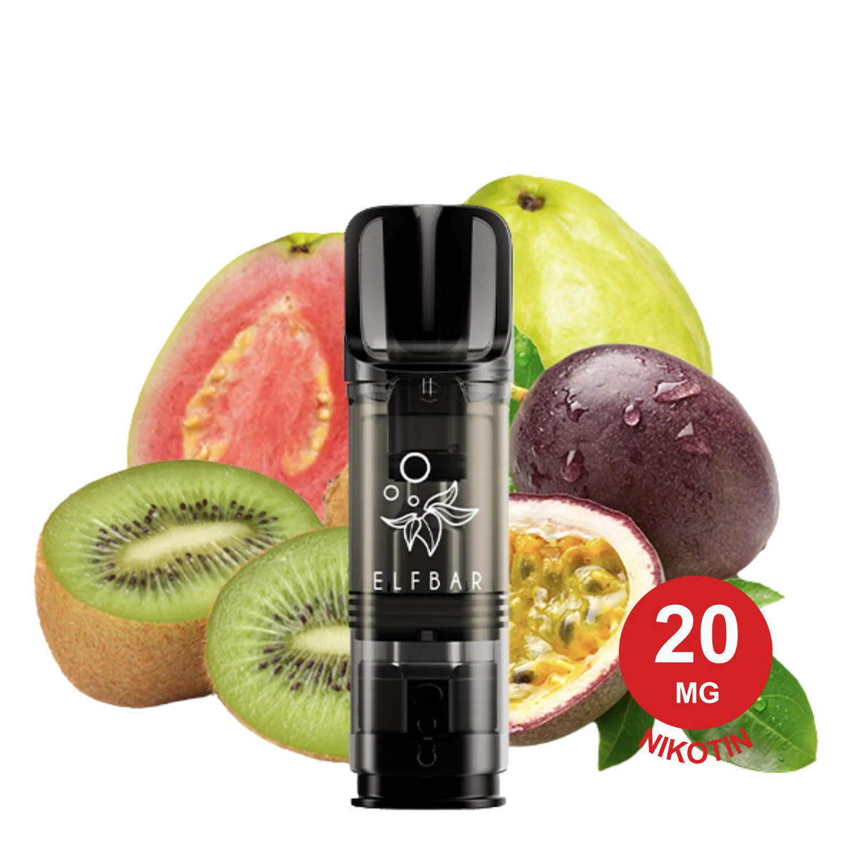 ELFA Pod Vape-Gerät mit Kiwi-Passionsfrucht-Guave-Geschmack, frischer Kiwi, Passionsfrucht, Guave und aufgeschnittener Feige im Hintergrund.