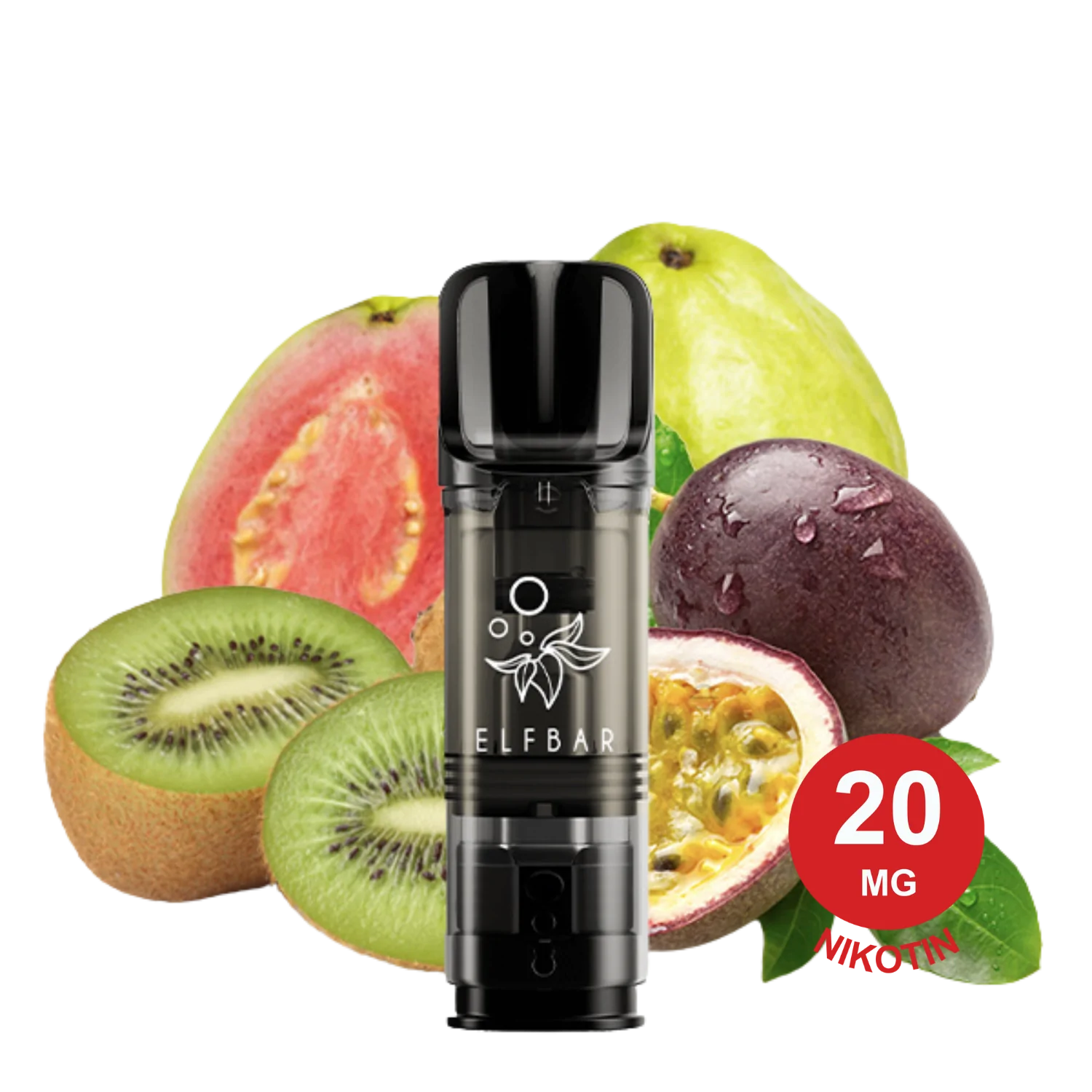 ELFA Pod Vape-Gerät mit Kiwi-Passionsfrucht-Guave-Geschmack, frischer Kiwi, Passionsfrucht, Guave und aufgeschnittener Feige im Hintergrund.