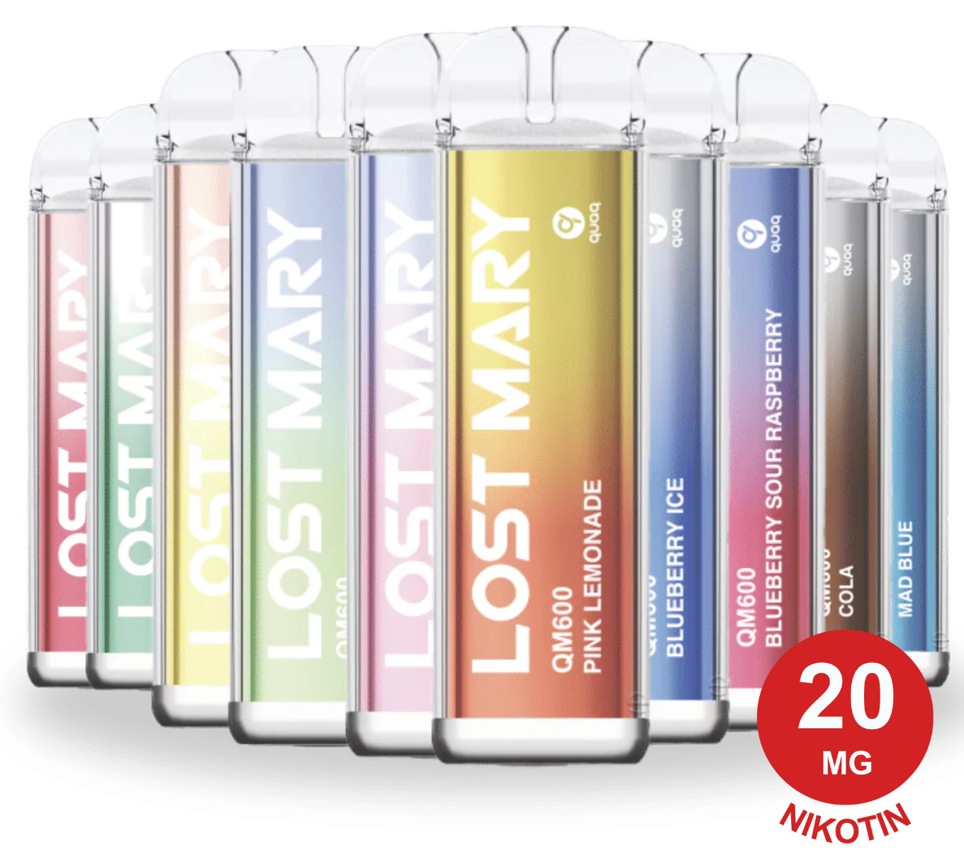 LOST MARY 10er Mix-Bundle Dampfgeräte in den Geschmacksrichtungen: Pink Lemonade, Blueberry Ice, Sour Raspberry, Mad Blue. 20 mg Nikotin.