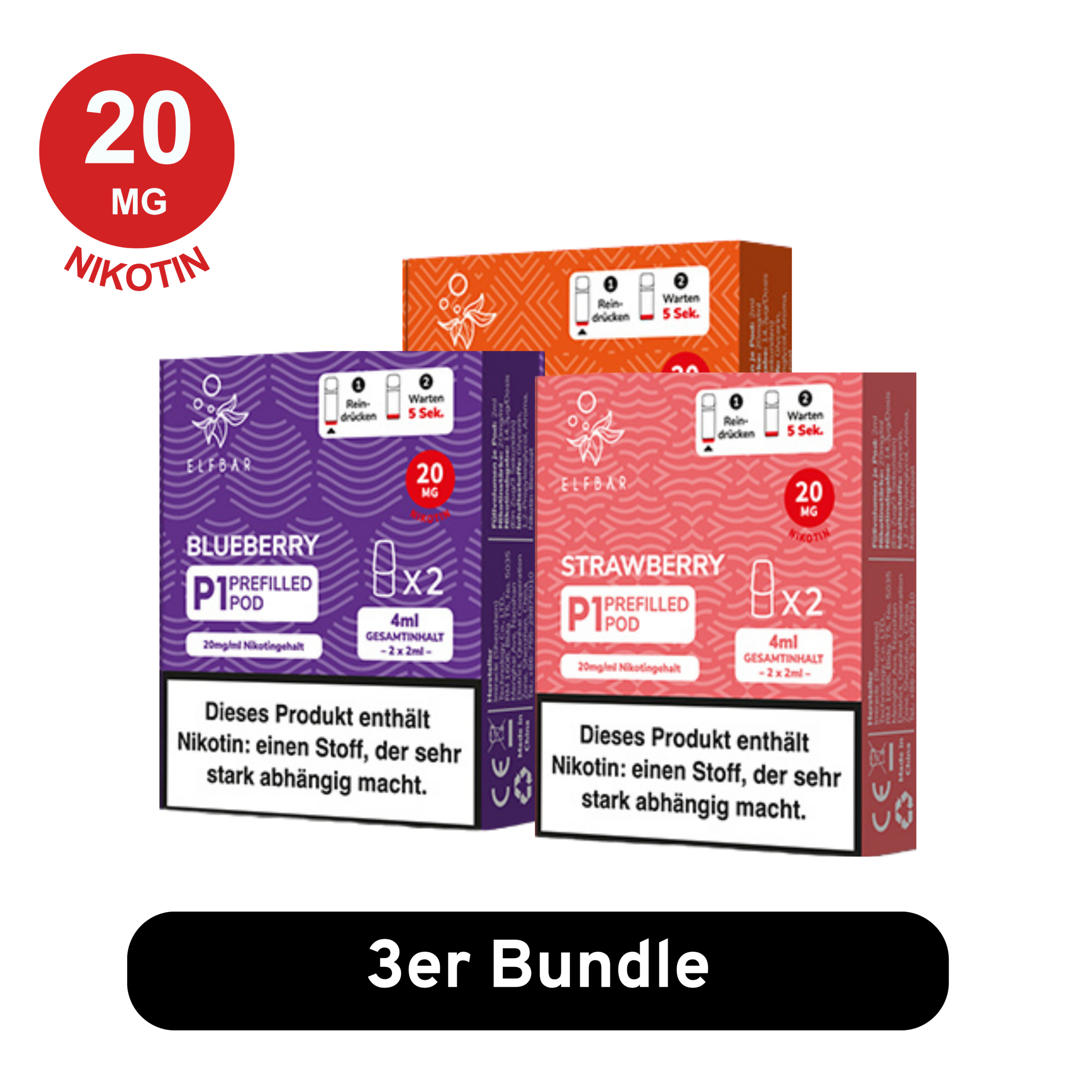 MATE500 3er Pod-Mix-Bundle Packungen vor weißem Hintergrund, Geschmacksrichtungen: BLAUBEERE und ERDBEERE im Vordergrund