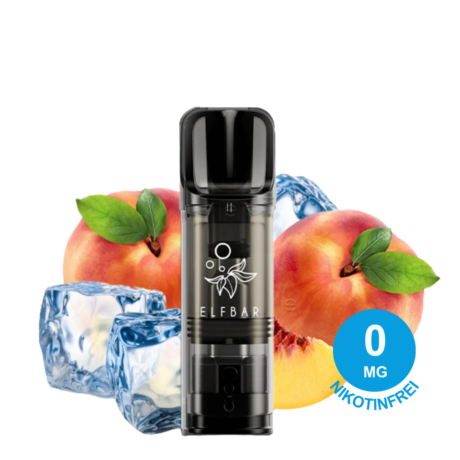 ELFBAR ELFA Pod – Peach Ice 0mg Nikotin (2er Pack) vor reifen Pfirsichen, Pfirsichscheiben, Eiswürfeln, präsentiert 2x ELFA Pod mit Peach Ice-Geschmack“.