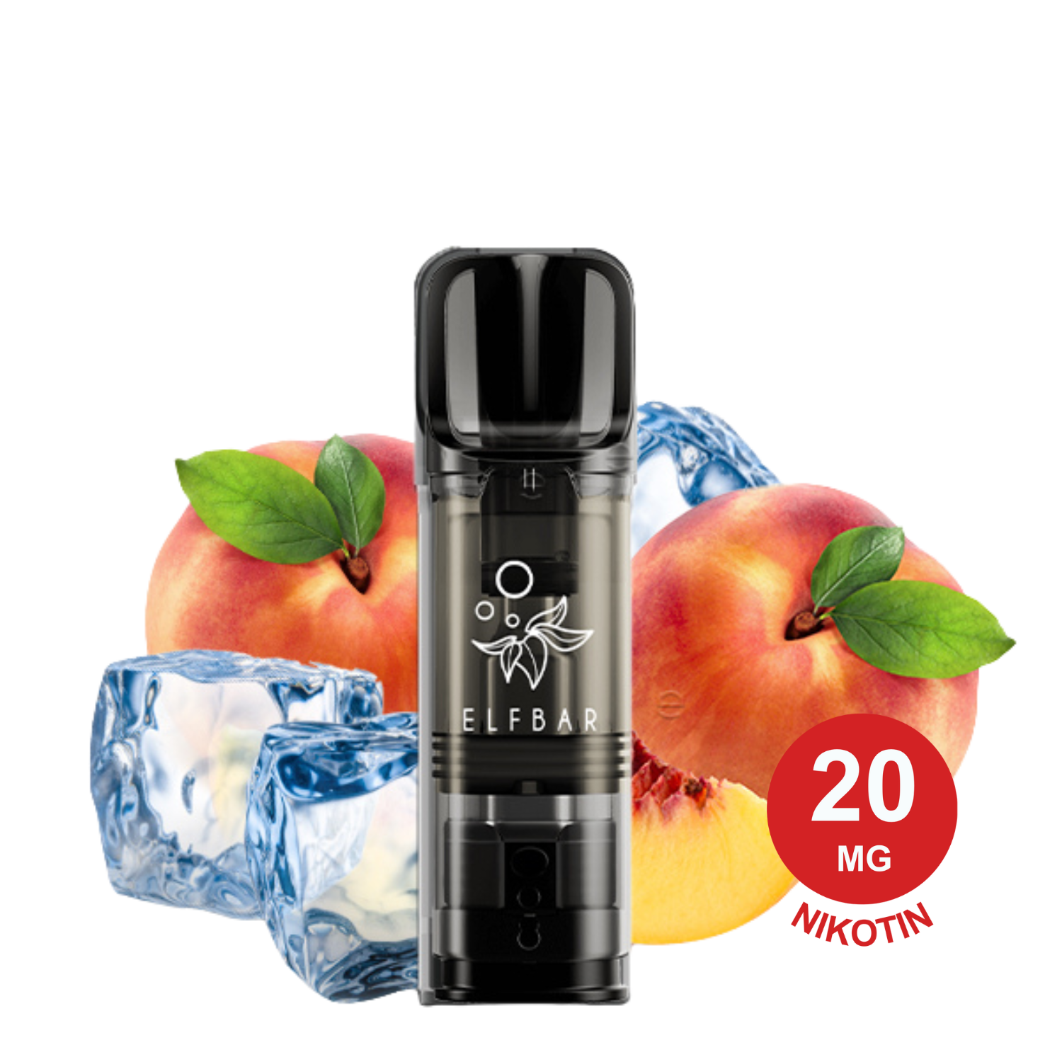 ELFBAR ELFA Pod – Peach Ice 20mg Nikotin (2er Pack) vor reifen Pfirsichen, Pfirsichscheiben, Eiswürfeln, präsentiert 2x ELFA Pod mit Peach Ice-Geschmack“.
