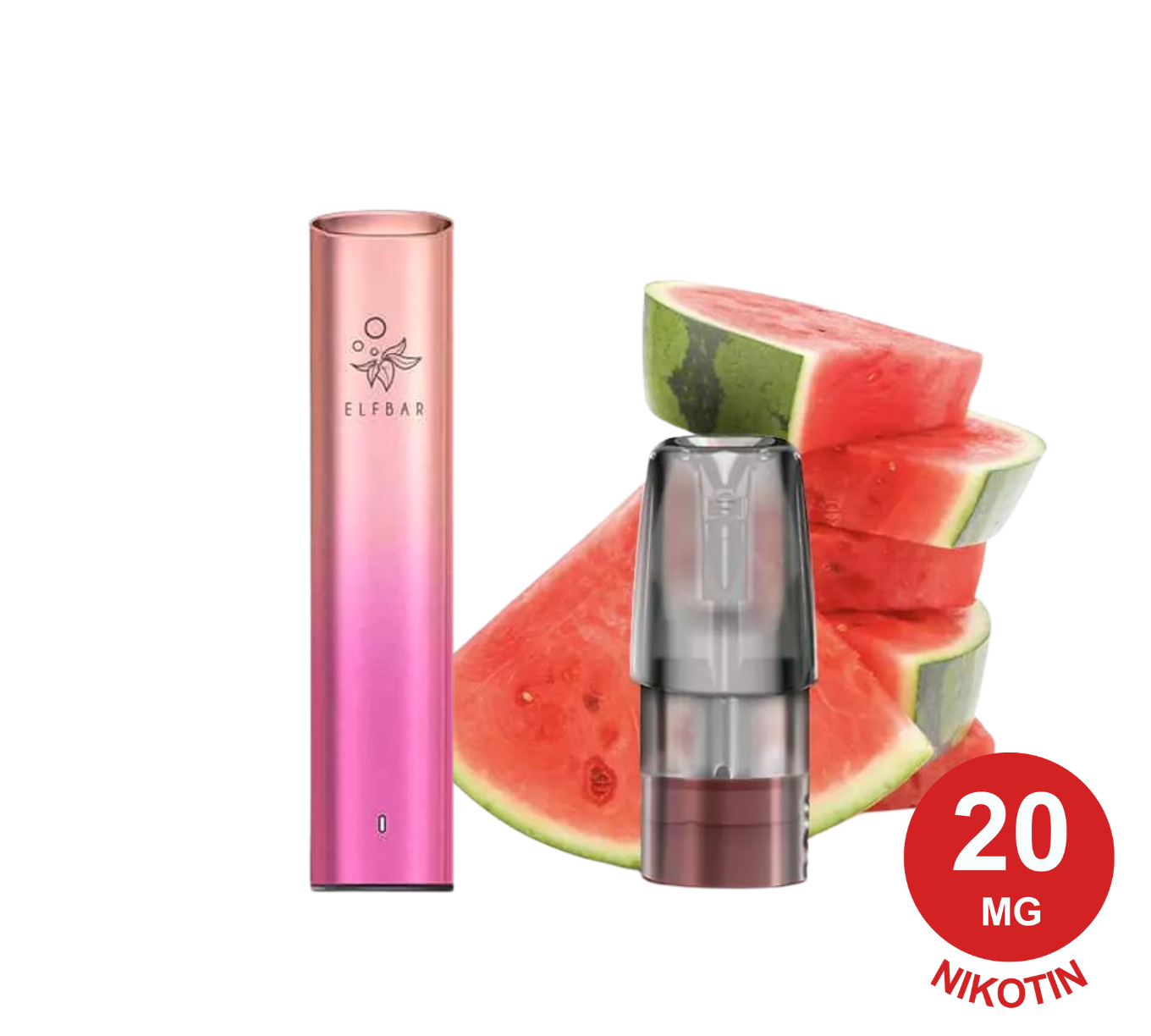 MATE500-Probierset Wassermelonen-Vape-Pen mit rosa Farbverlauf, transparenter Kartusche, Wassermelonenscheiben und 20 MG NKOTIN-Etikett.