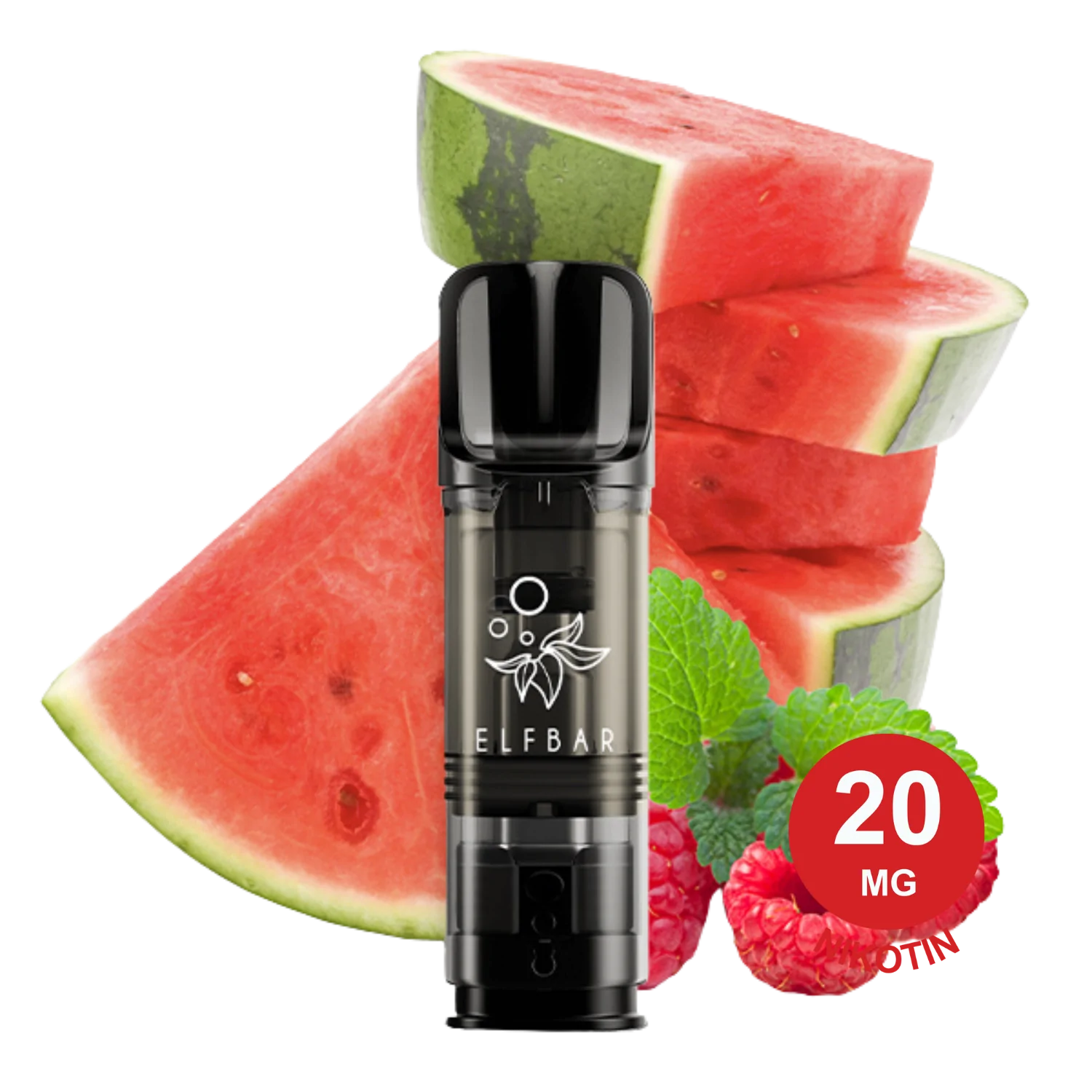 ELFA Pod mit der Aufschrift ‚2x Raspberry Watermelon ELFA Pod‘ mit Wassermelonenscheiben, Himbeeren und Minzblättern.