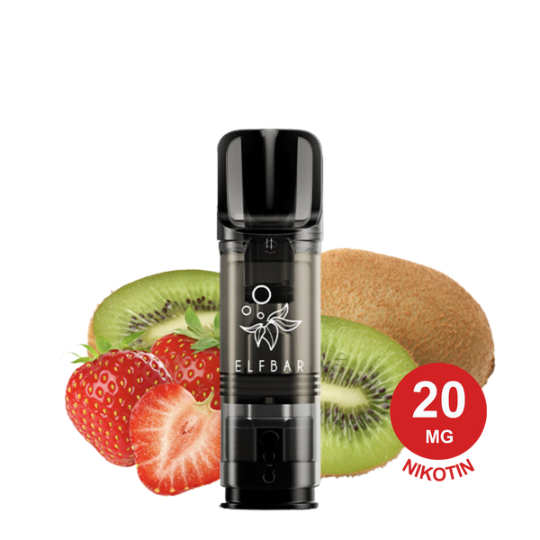 2x Strawberry Kiwi ELFA Pod“ vor halbierter Kiwi und zwei Erdbeeren, farbenfroher, frischer Hintergrund.