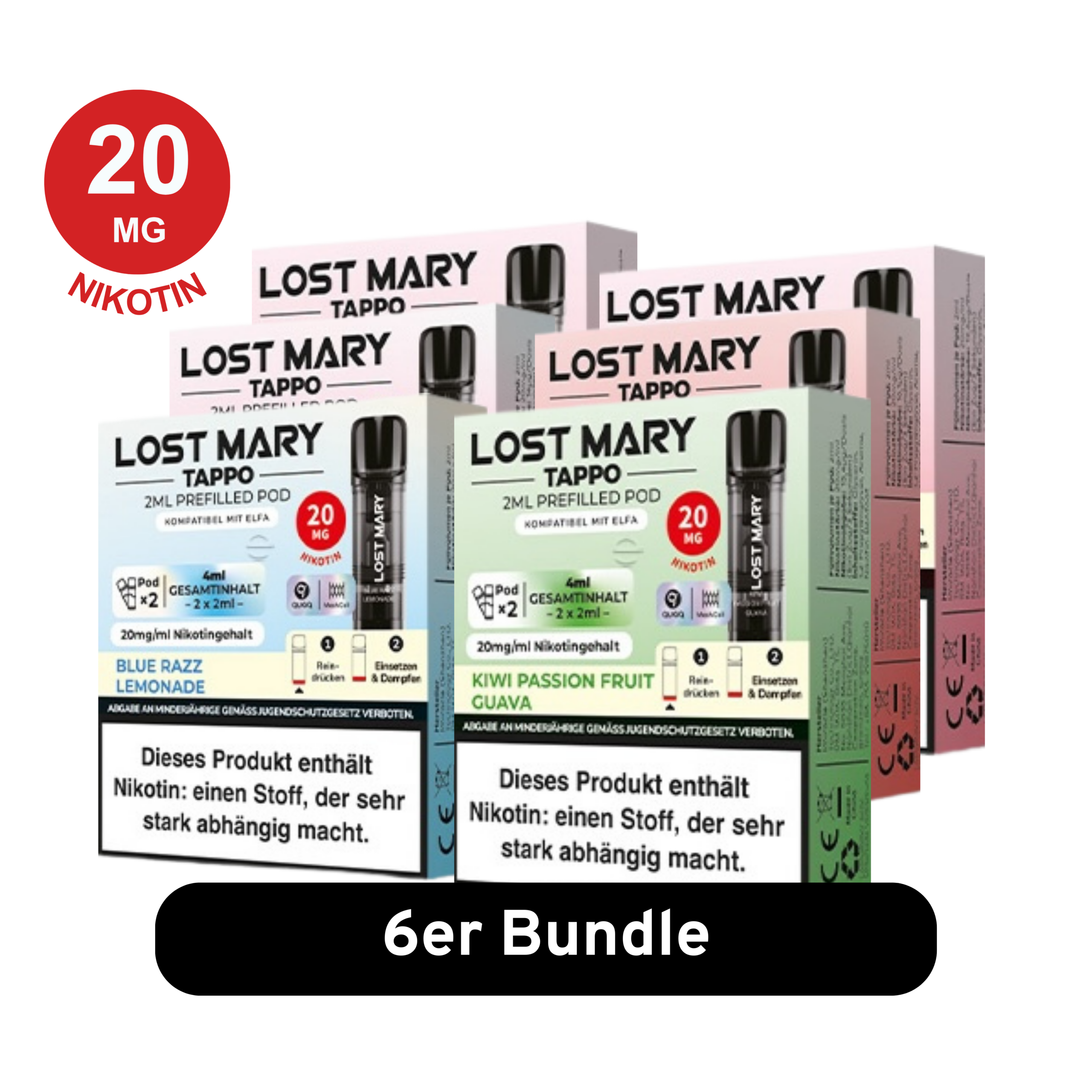 Ein 6er-Bündel des „TAPPO 6er Pod-Mix-Bundle“ mit 2 ml vorgefüllten Pods, erhältlich in verschiedenen Geschmacksrichtungen wie Blue Razz Lemonade und Kiwi Passionsfrucht Guave, jeweils mit der Aufschrift „20 MG“ Nikotin.