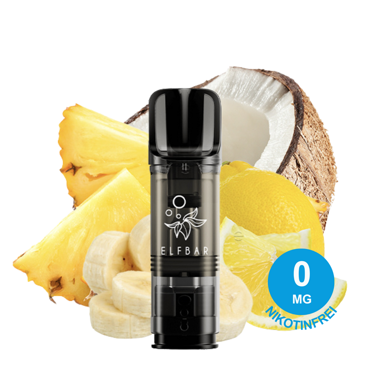 2x Tropenfrucht ELFA Pod Nikotinfrei mit Ananas, Banane, Zitronenscheiben und halbierter Kokosnuss im Hintergrund