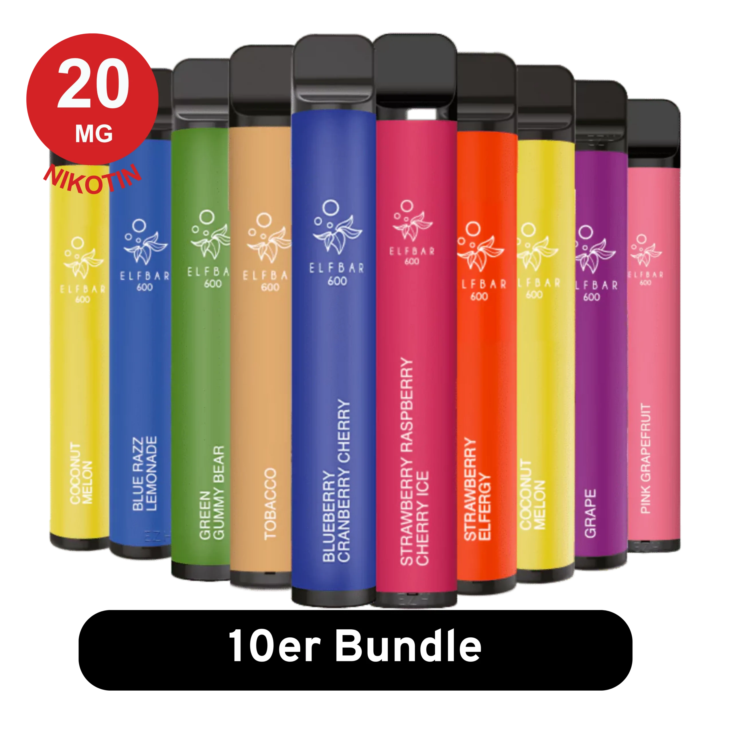 ELFBAR 600 - 10er Mix-Bundle – Einweg E-Zigaretten mit 20 mg/ml Nikotinsalz in verschiedenen Geschmacksrichtungen wie Mango, Blueberry, Kiwi Passion Fruit Guava, Tobacco und mehr. Jede Elfbar bietet bis zu 600 Züge für ein intensives Dampferlebnis.