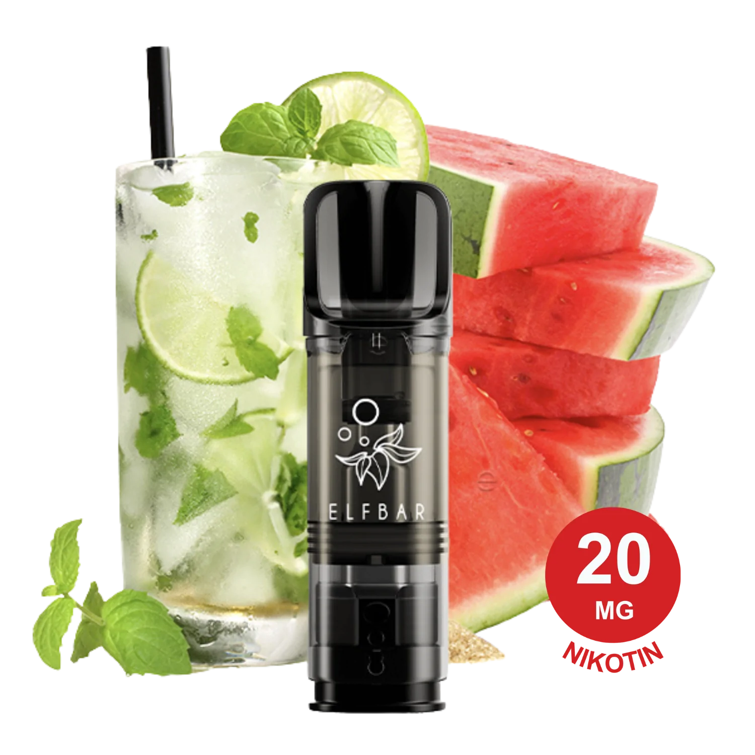 Wassermelonen-Mojito ELFA Pod mit erfrischendem Mojito-Cocktail, Limettenscheibe, Minzgarnitur und reifen Wassermelonenscheiben im Hintergrund.