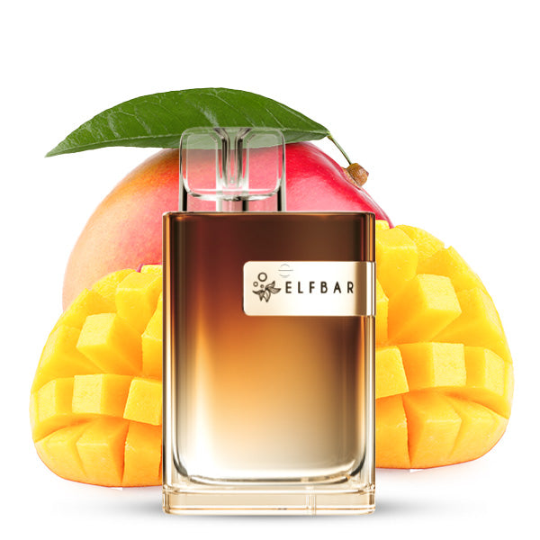 Triple Mango-CR600 mit Farbverlaufsdesign vor reifen Mangohälften und ganzer Mango mit grünem Blatt.“